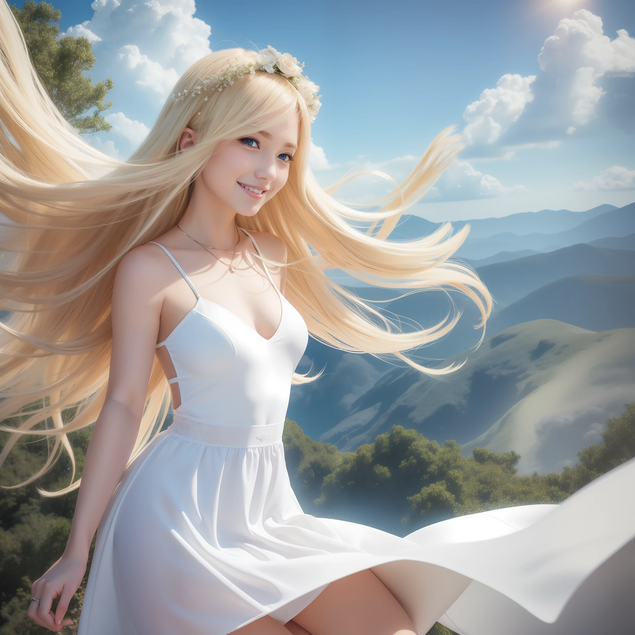 goddess, blonde, white dress, sky, flying, warm smile