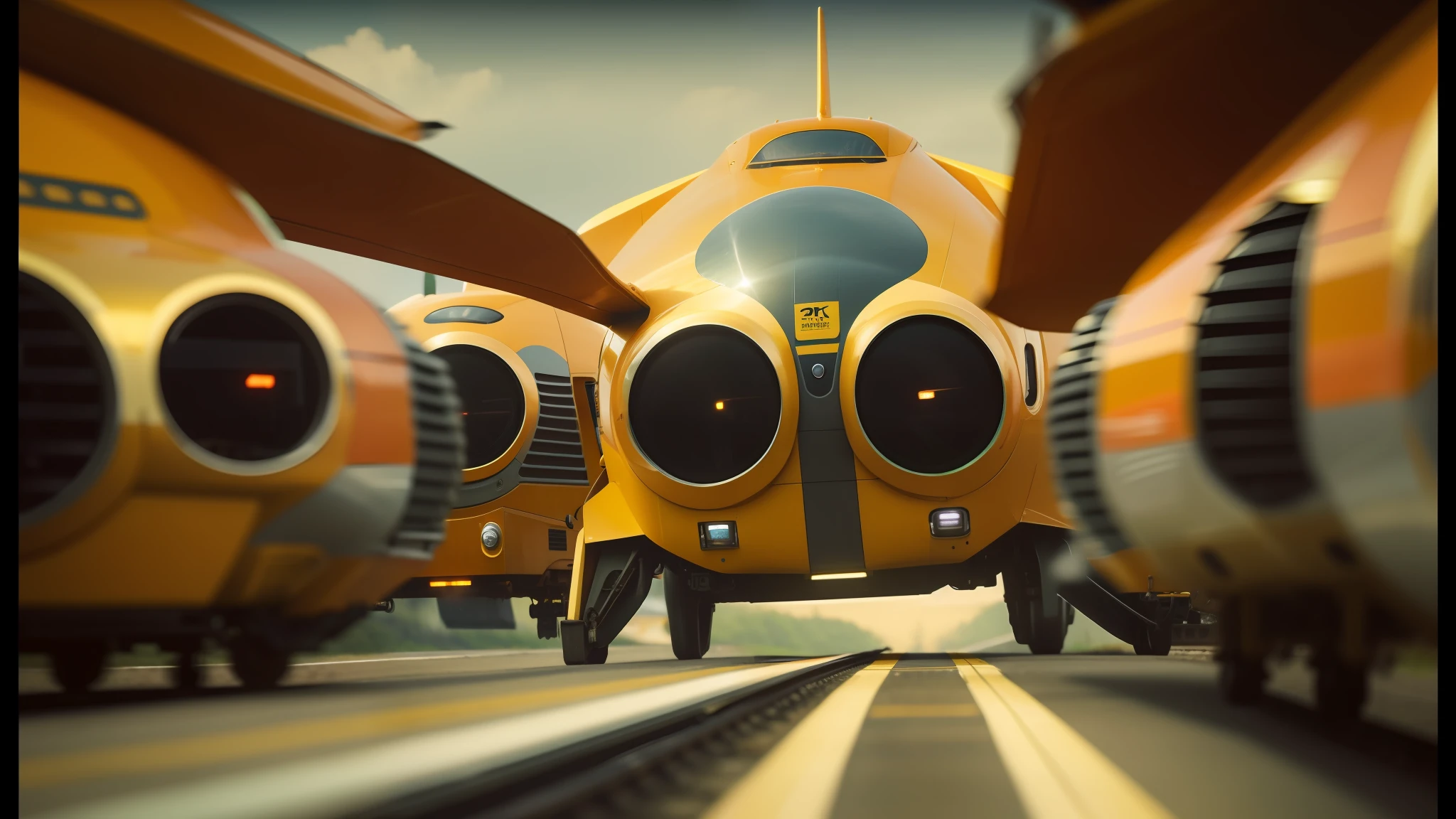 there are three yellow robots that are sitting on a train track, 2 0 2 1 cinematic 4 k framegrab, victor ngai, airplanes, trending on vehicle design, inspired by Ferenc Joachim, adrian borda, speedy aircraft, impactful ambient, serge birault