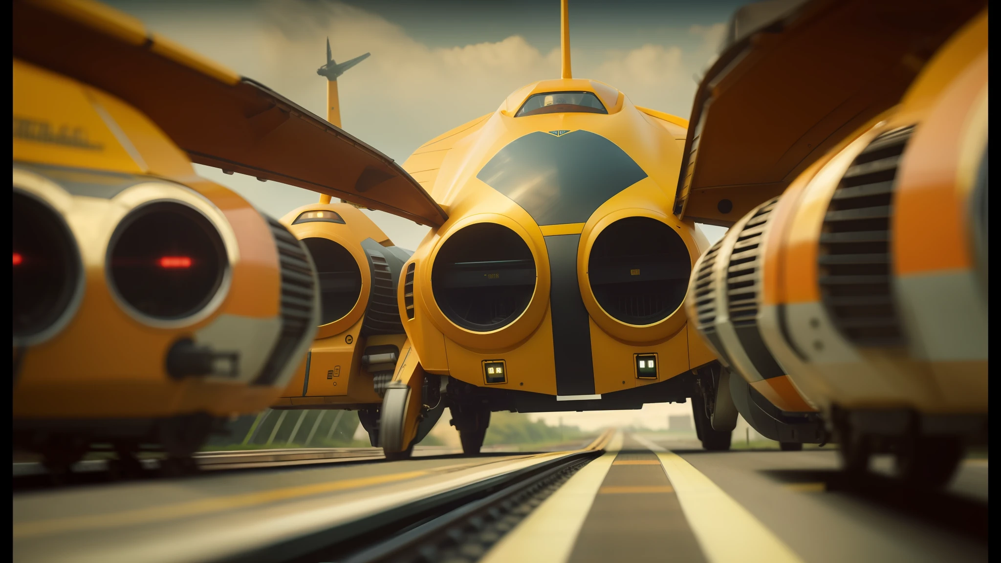 there are three yellow robots that are sitting on a train track, 2 0 2 1 cinematic 4 k framegrab, victor ngai, airplanes, trending on vehicle design, inspired by Ferenc Joachim, adrian borda, speedy aircraft, impactful ambient, serge birault