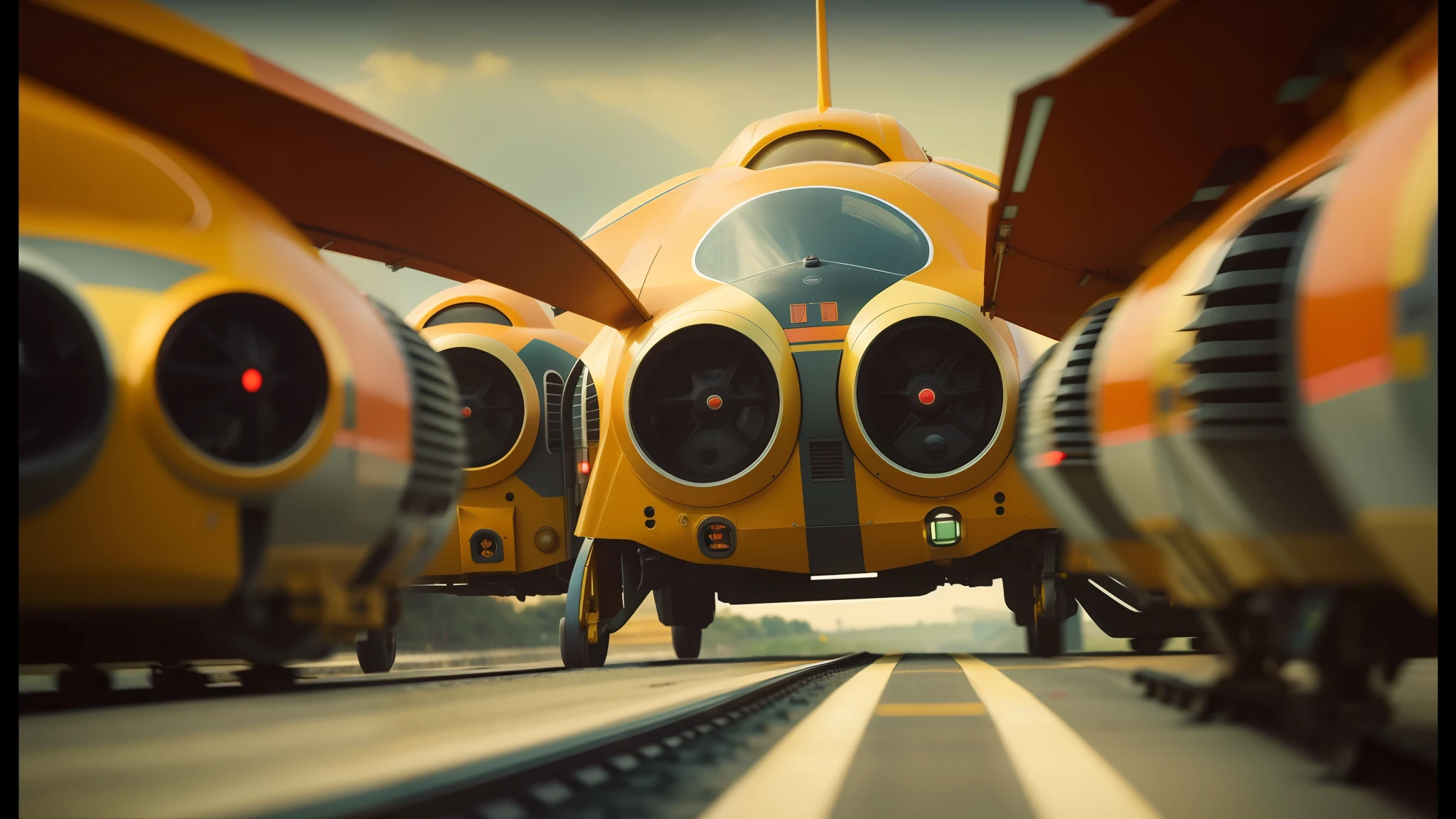 there are three yellow robots that are sitting on a train track, 2 0 2 1 cinematic 4 k framegrab, victor ngai, airplanes, trending on vehicle design, inspired by Ferenc Joachim, adrian borda, speedy aircraft, impactful ambient, serge birault