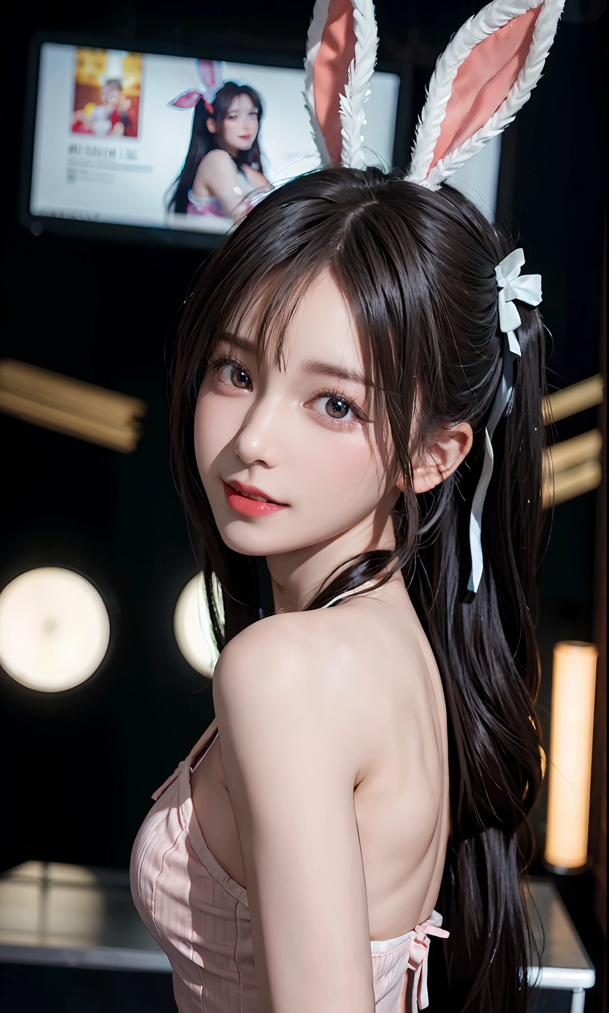 (RAW photo: 1.2), top quality, beautiful detailed girl, bunny girl, smile, twin tails, highly detailed eyes and face, beautiful detailed eyes, huge file size, high resolution, high resolution, 8k wallpaper, fine detail, highly detailed ticker uniform 8k wallpaper, light on face, movie lighting, girl, sexy pose, (photorealism: 1.4), illustration, Surrealism, from below, super detail, masterpiece, playboy bunny, fishnet pantyhose, lying
