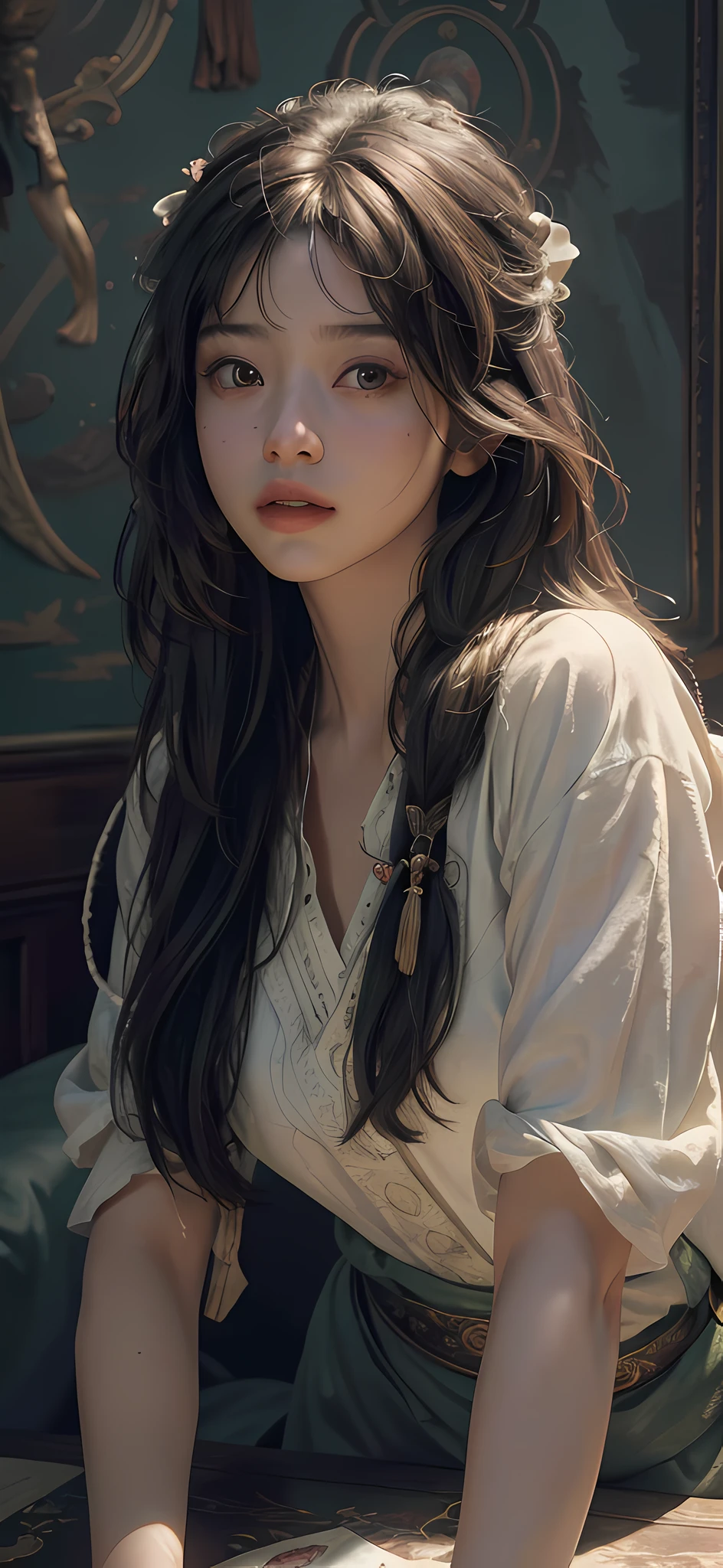 (RAW photo, best quality), (realistic, photo-realistic:1.3),best quality,highly detailed,masterpiece,ultra-detailed,illustration,1girl,upper_body,dynamic angle,world masterpiece theater,messy_long_hair,best quality,extremely detailed CG unity 8k wallpaper,ink,Amazing,cinematic lighting,lens_flare, dunhuang_style