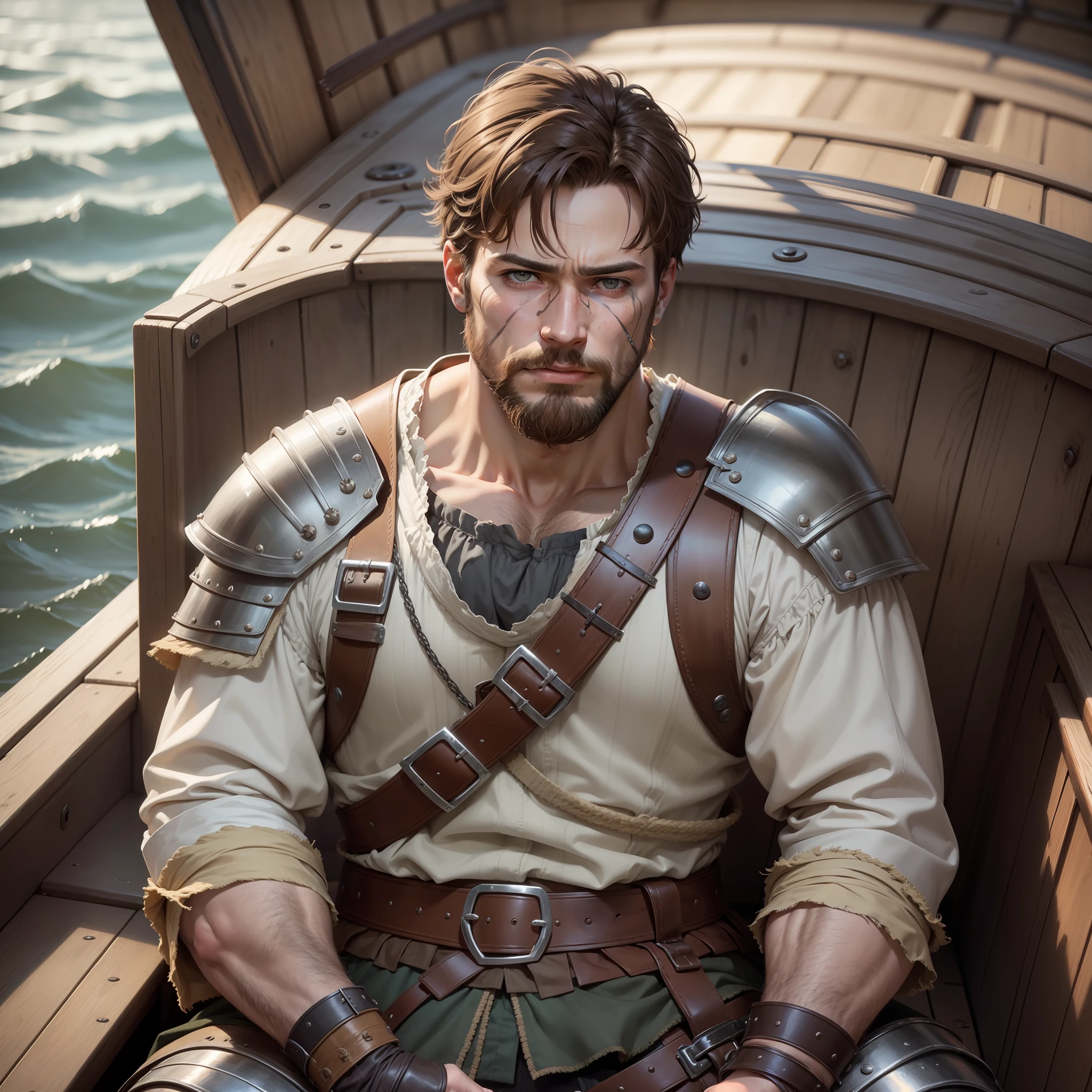 Ultra realistic image of a man with short, brown hair, bruised, bruised and thin face, short beard, dressed in medieval armor, sitting on a boat, grim photograph