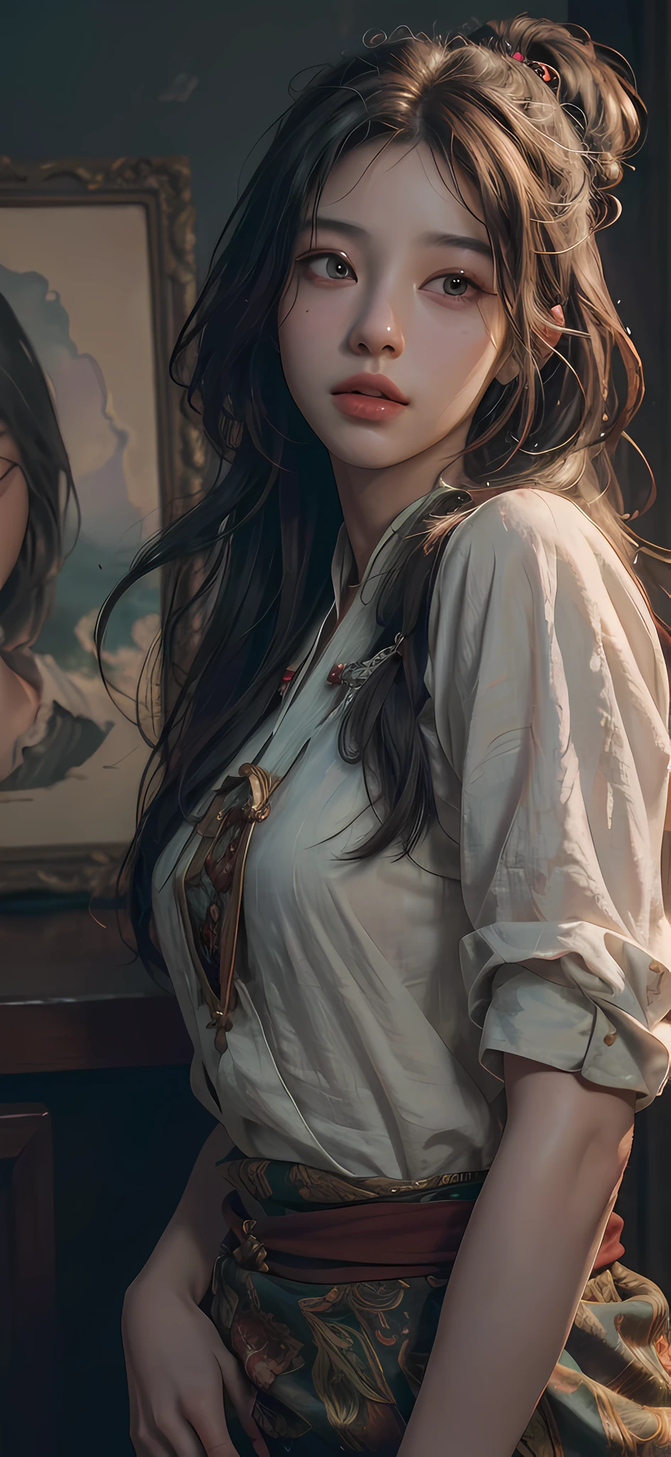 (RAW photo, best quality), (realistic, photo-realistic:1.3),best quality,highly detailed,masterpiece,ultra-detailed,illustration,1girl,upper_body,dynamic angle,world masterpiece theater,messy_long_hair,best quality,extremely detailed CG unity 8k wallpaper,ink,Amazing,cinematic lighting,lens_flare, dunhuang_style