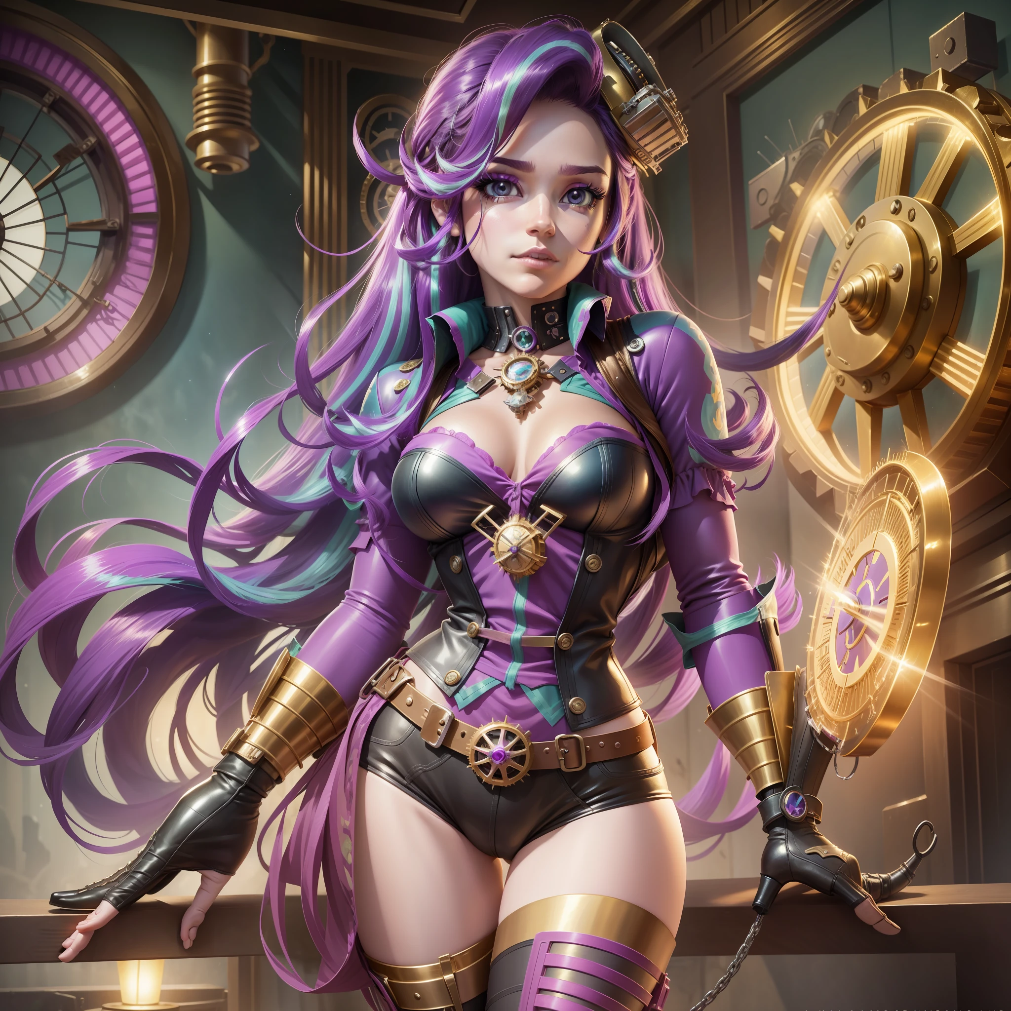 Starlight Glimmer, Starlight Glimmer from My Little Pony, Starlight Glimmer in the form of a girl, long hair, lush hair, Steampunk, body from steampunk mechanisms, golden gears, not human, gear skin, steampunk style, best quality, very detailed, ultra 8k resolution