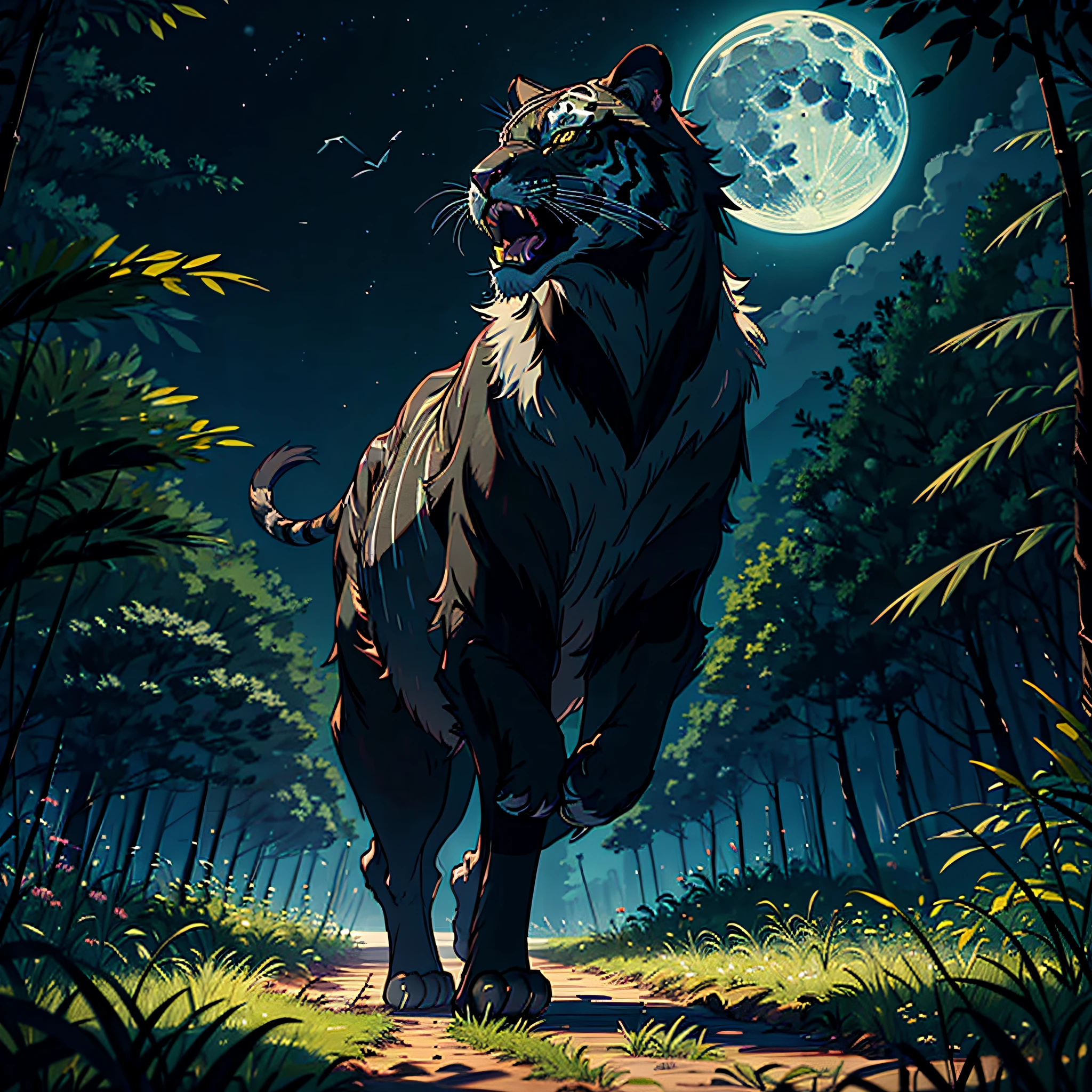 A prehistoric saber-toothed black tiger, strong limbs, tall and mighty, open mouth, show teeth, run over, grass, forest, night, moonlight, moon, full body photo, (with full black fur and delicate fur)