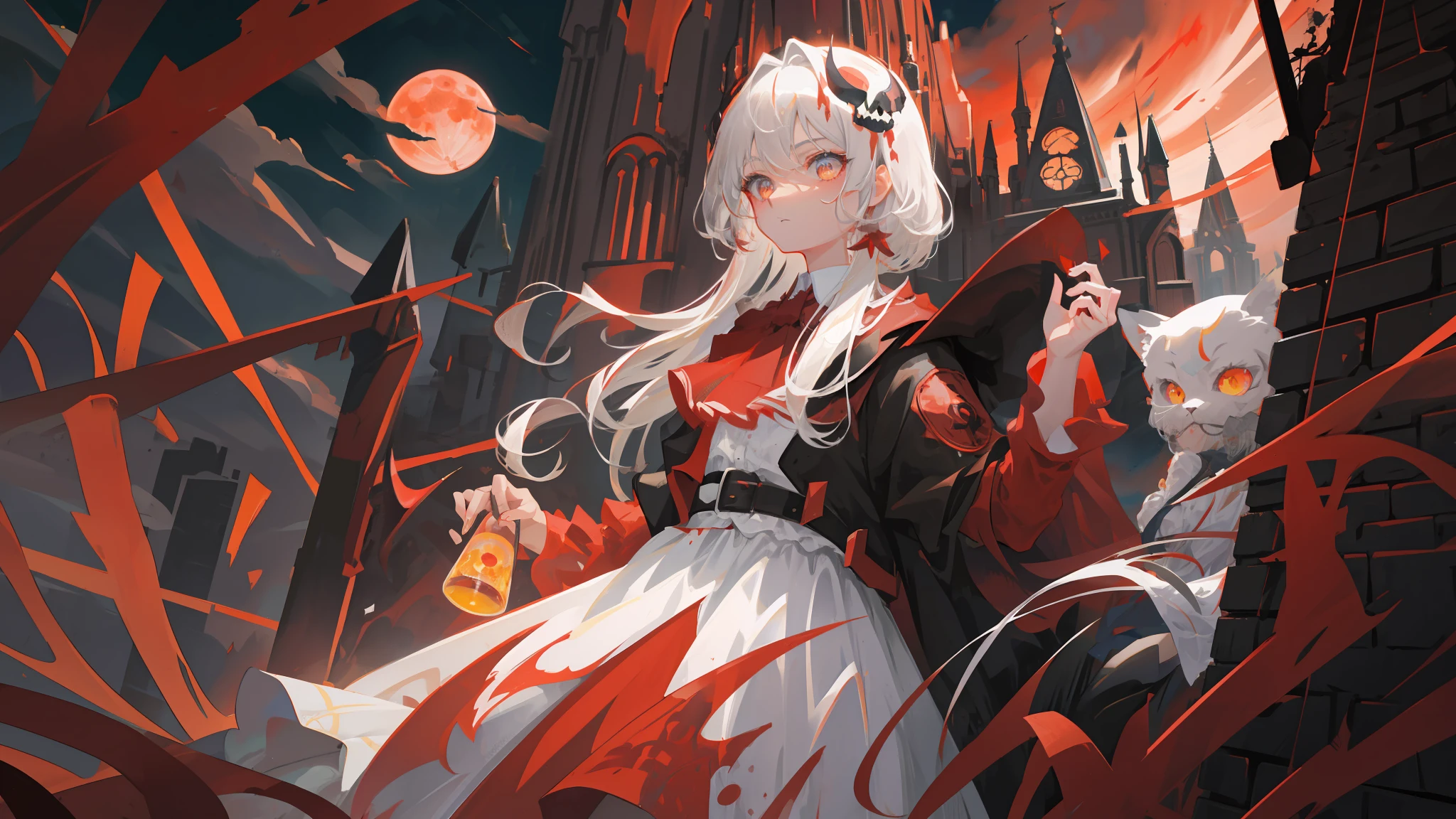 super fine illustration, best quality, highly detailed beautiful face and eyes, look down upon viewer, insanely detailed, a girl, solo, ash gray hair, medium-length bob hair, amber eyes, holding skull, baggy white dress, scattering blood in background, dark background, gothic, dark, dark background, red moon in the night sky, red castle in the background, red tone, dynamic angle