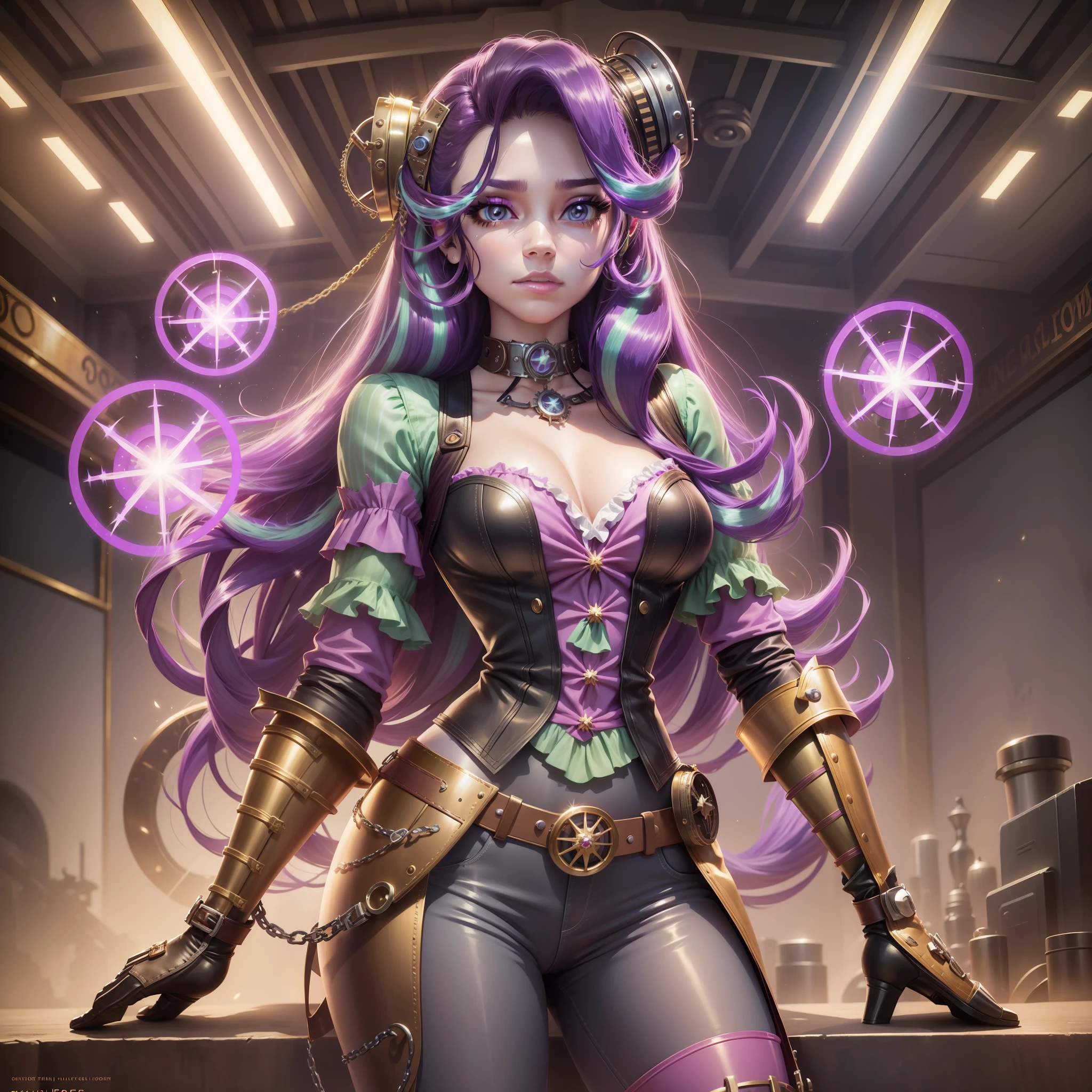 Starlight Glimmer, Starlight Glimmer from My Little Pony, Starlight Glimmer in the form of a girl, long hair, lush hair, Steampunk, body from steampunk mechanisms, golden gears, not human, gear skin, steampunk style, best quality, very detailed, ultra 8k resolution