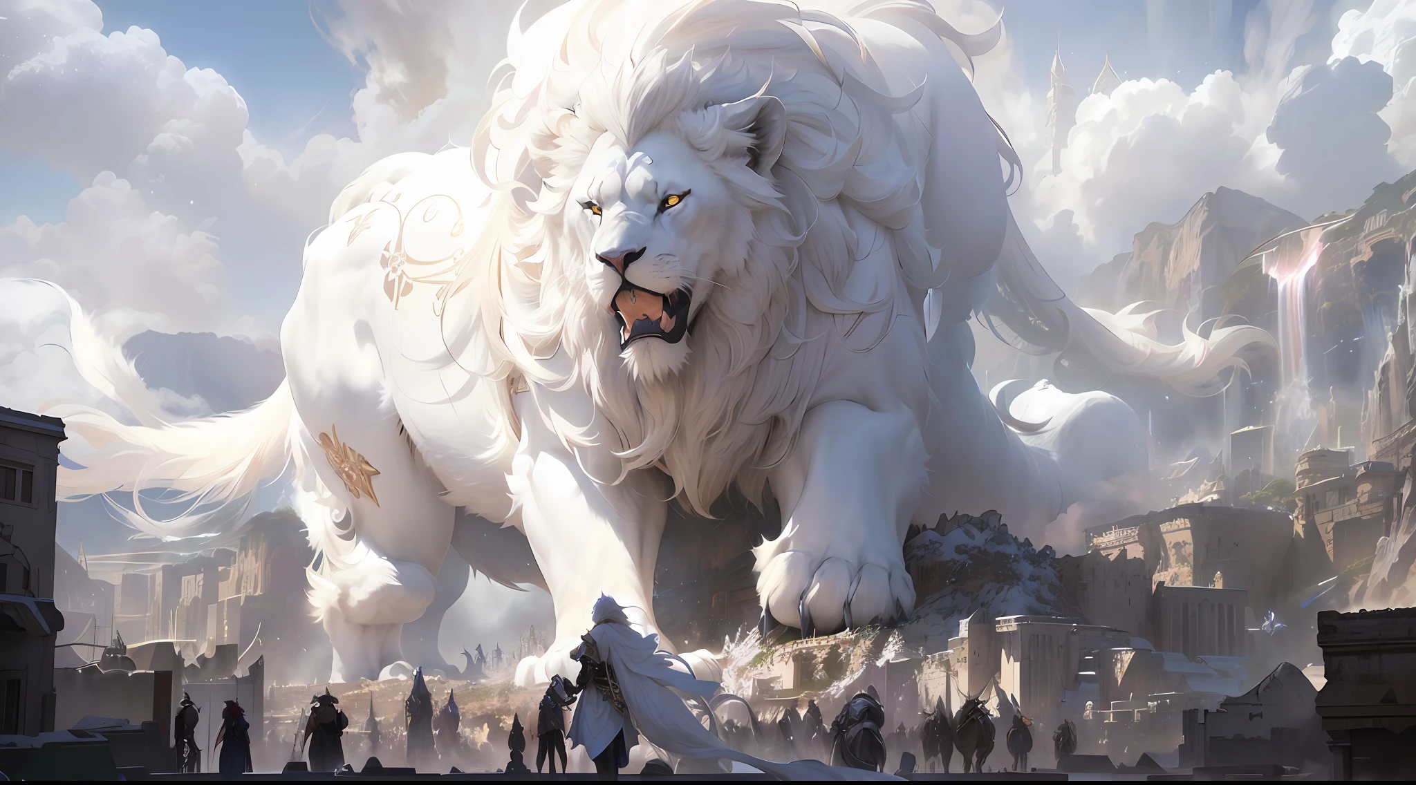 there is a large white lion that is in the middle of a city, 2. 5 d cgi anime fantasy artwork, anime epic artwork, by Yang J, trending on artstation pixiv, dramatic concept art, cgsociety and fenghua zhong, an epic majestical degen trader, ross tran and wlop, ross tran 8 k, by Cynthia Sheppard
