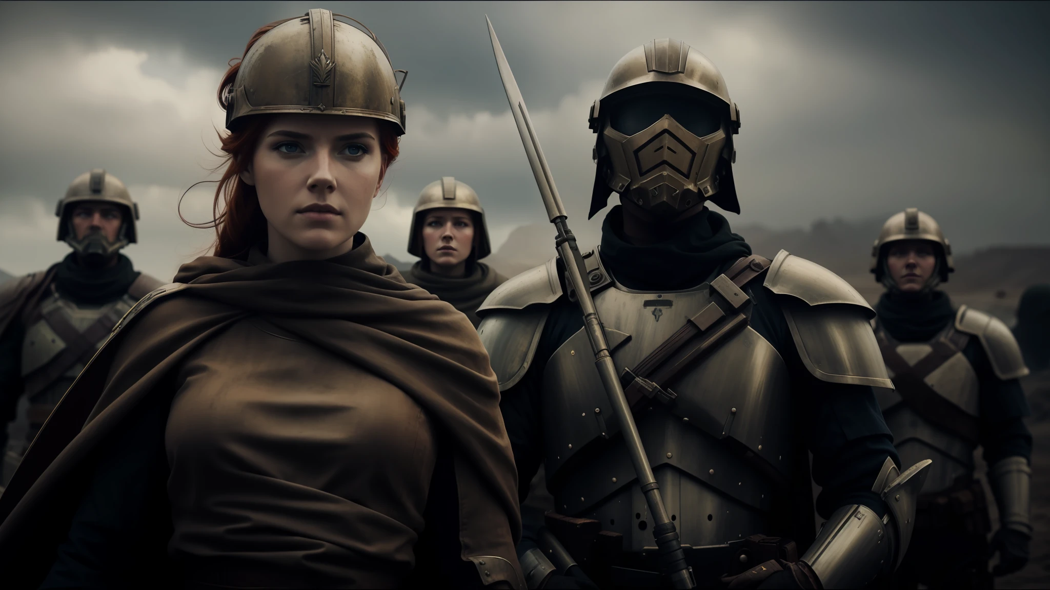 there are two people in armor standing next to each other, cinematic headshot portrait, redhead girl, empress of the wasteland, realistic soldiers, inspired by Hubert von Herkomer, promotional render, cinematic still frame, battalion, kitbashing