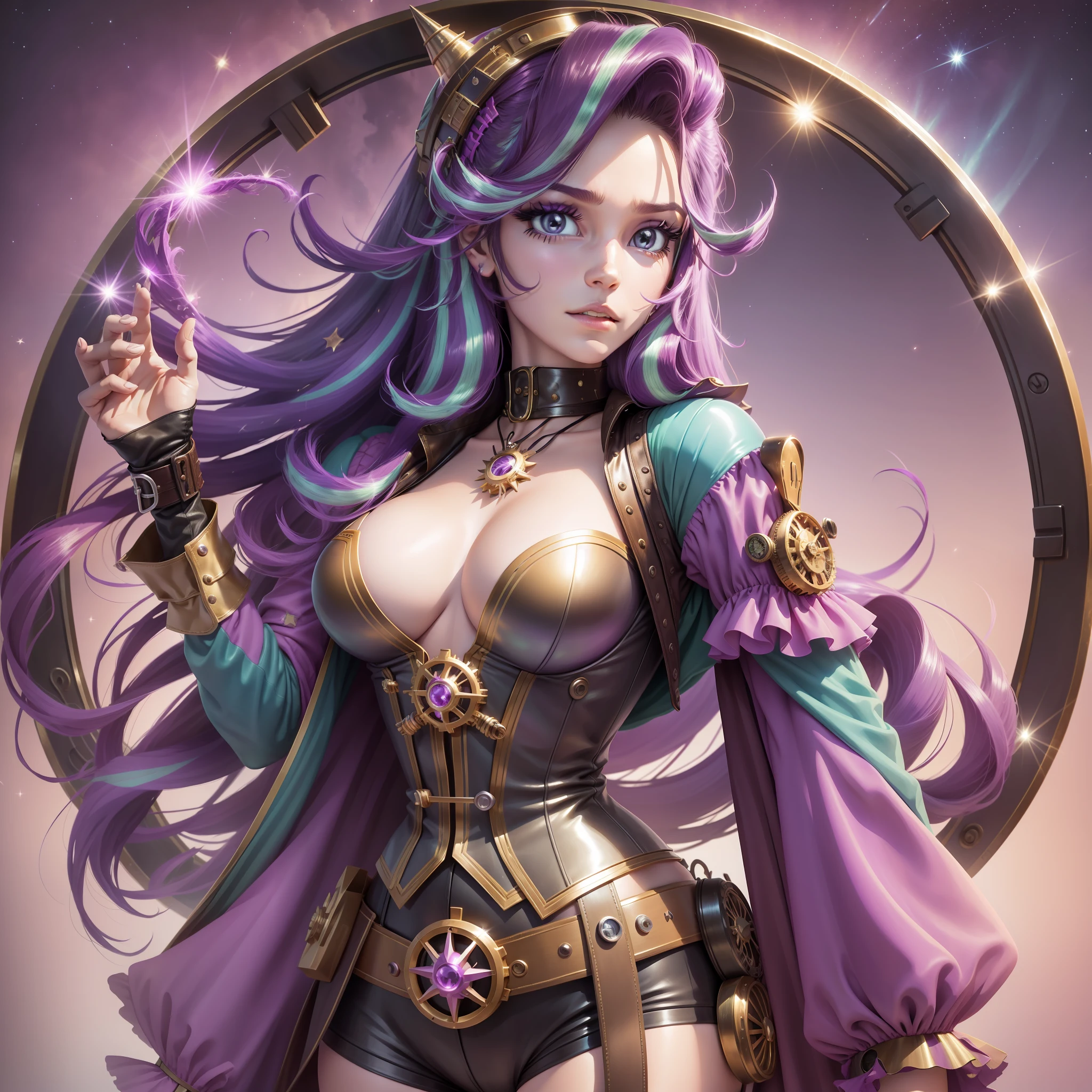 Starlight Glimmer, Starlight Glimmer from My Little Pony, Starlight Glimmer in the form of a girl, long hair, lush hair, Steampunk, body from steampunk mechanisms, golden gears, not human, gear skin, steampunk style, best quality, very detailed, ultra 8k resolution