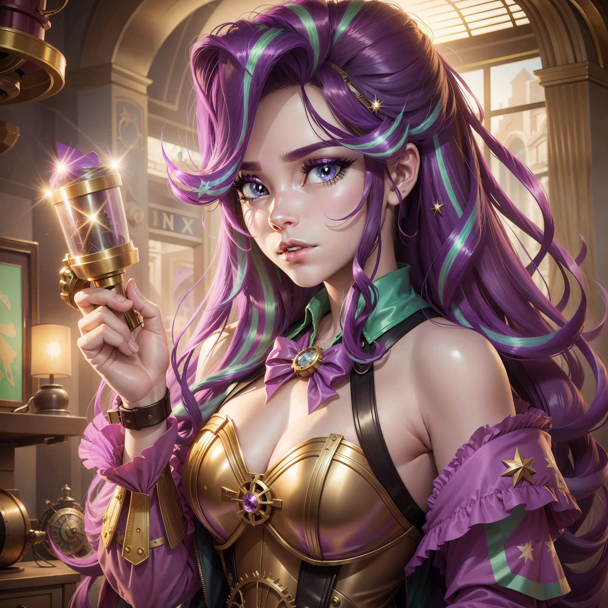 Starlight Glimmer, Starlight Glimmer from My Little Pony, Starlight Glimmer in the form of a girl, long hair, lush hair, Steampunk, body from steampunk mechanisms, golden gears, not human, gear skin, steampunk style, best quality, very detailed, ultra 8k resolution