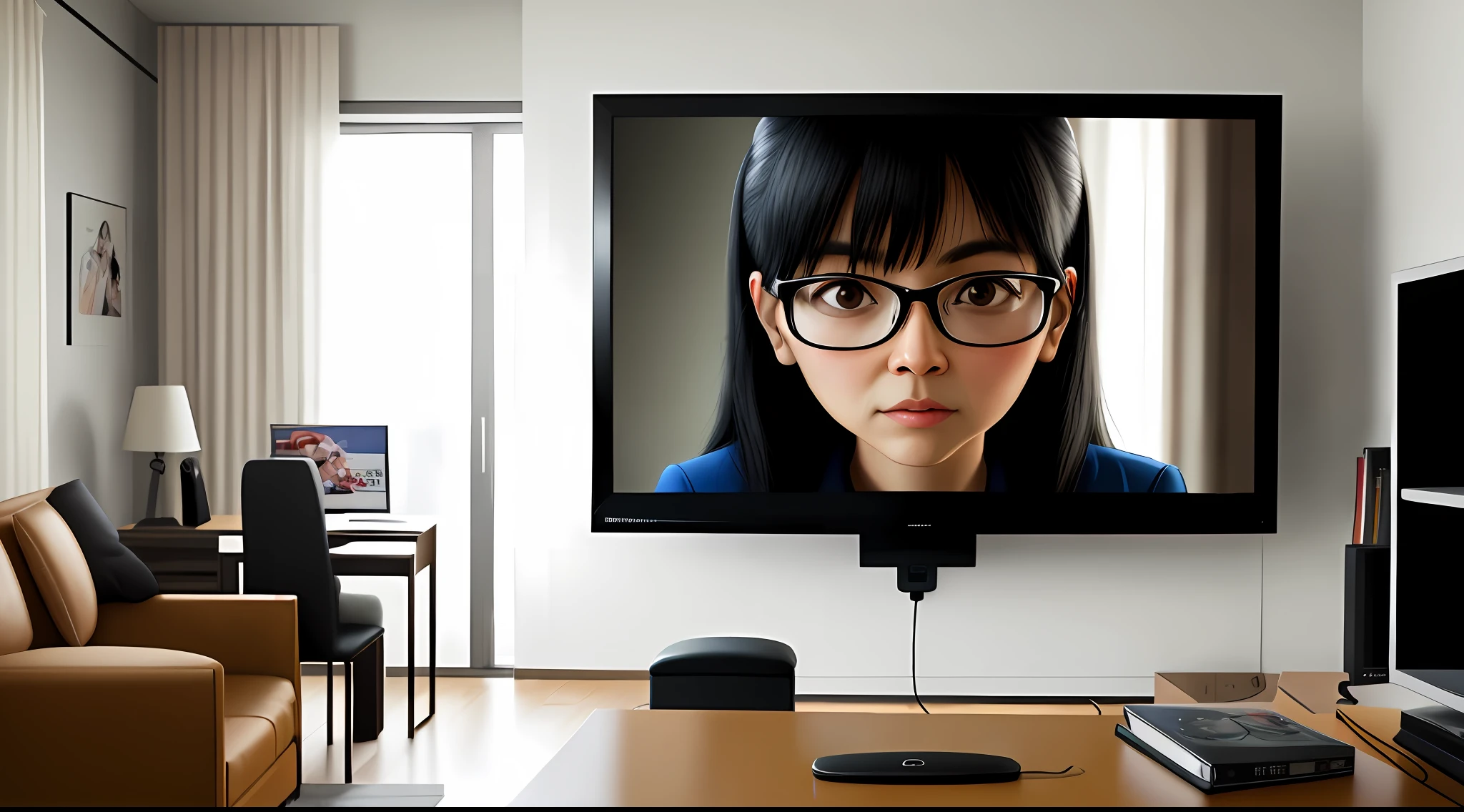 Background residential room displaying behind a tv without signal, Realism, high quality, woman wearing glasses and low-cut blouse, straight black hair, explaining a procedure, headset, technology