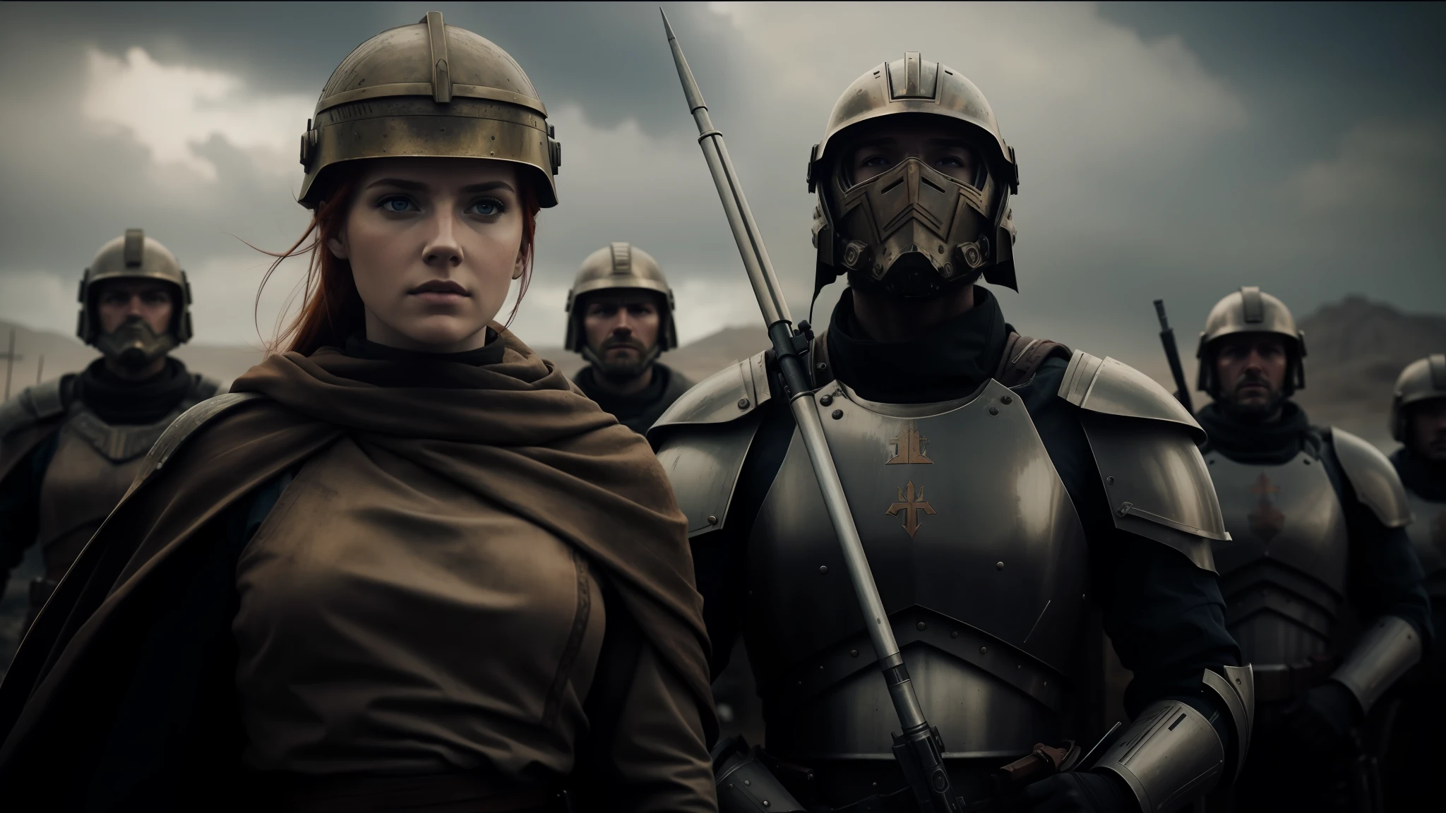 there are two people in armor standing next to each other, cinematic headshot portrait, redhead girl, empress of the wasteland, realistic soldiers, inspired by Hubert von Herkomer, promotional render, cinematic still frame, battalion, kitbashing