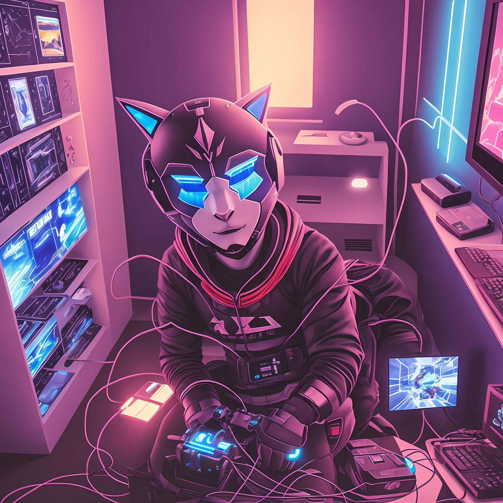 A realistic cat, playing video games, In the futuristic room, with red and blue leds --auto --s2