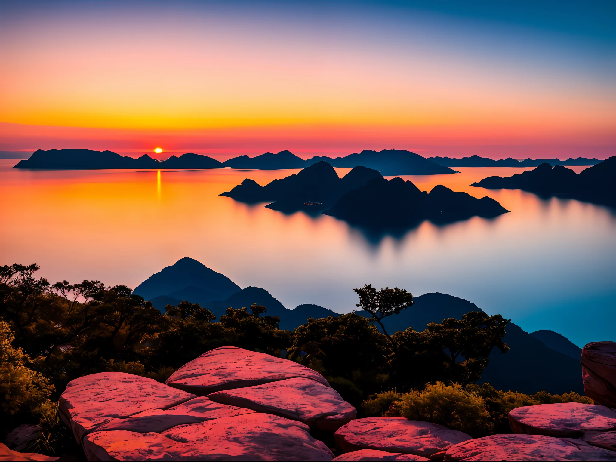 Sunset, evening glow, distant view, realistic, rich colors, gorgeous and colorful, wide-angle lens, shooting in the evening, positive film, naturalistic style, high-definition filming.