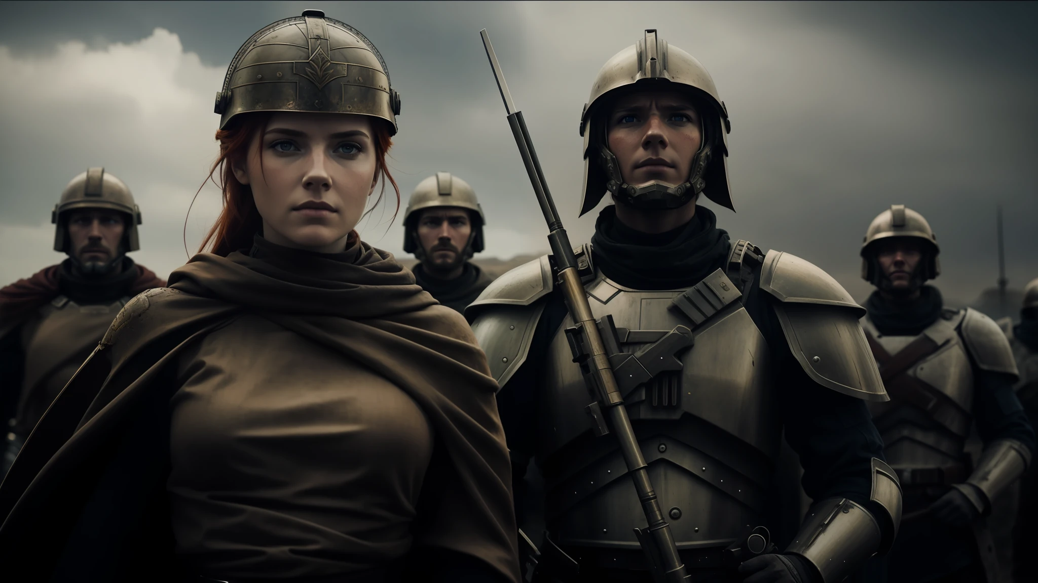 there are two people in armor standing next to each other, cinematic headshot portrait, redhead girl, empress of the wasteland, realistic soldiers, inspired by Hubert von Herkomer, promotional render, cinematic still frame, battalion, kitbashing