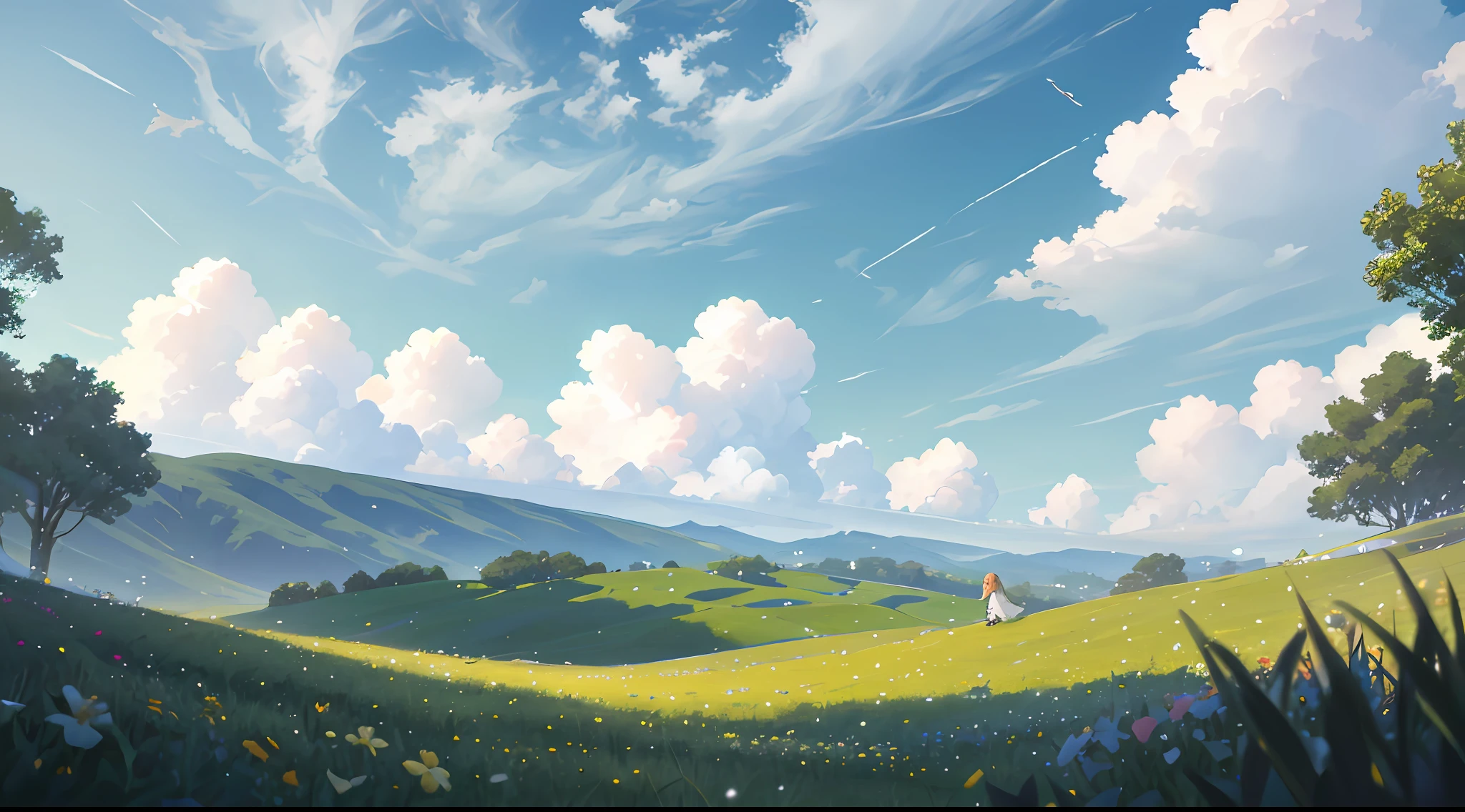 Summer, meadows, a few small flowers, heavenly views, large clouds, blue skies, hot weather, HD detail, wet watermarks, hyper-detail, cinematic, surrealism, soft light, deep field focus bokeh, ray tracing, and surrealism. --v6