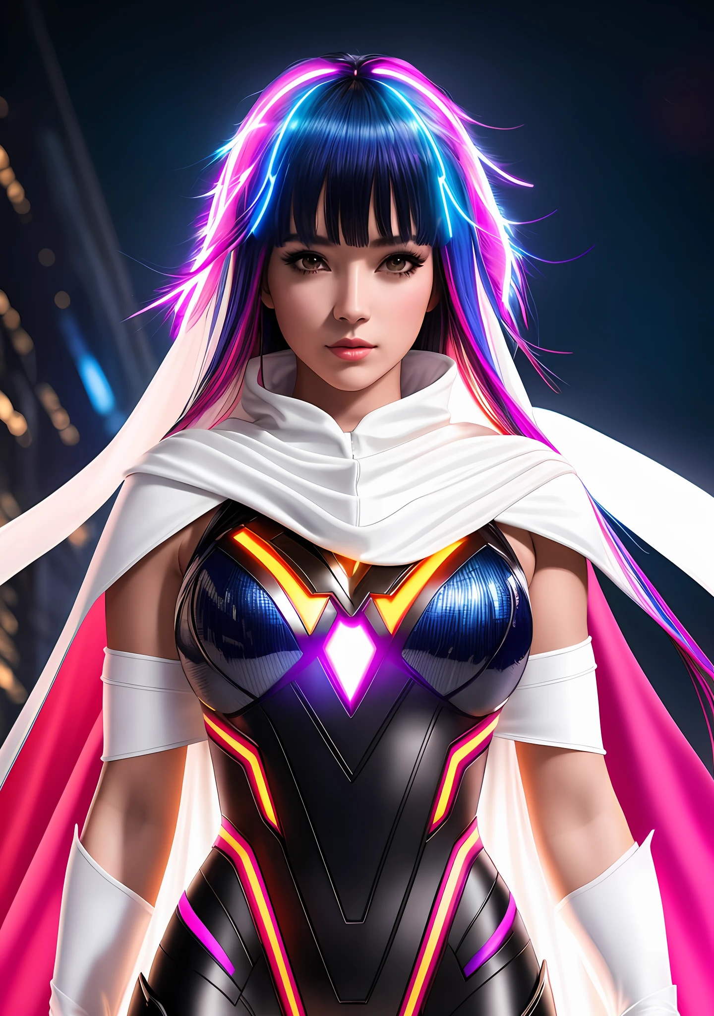 Bust to waist ((half body)) perfect skin, hyperrealistic masterpiece, Superheroine ((fringe glowing colorful)) in extremely complex & superdetailed tight plugsuit ((with white cape)), cinematic illumination: 8k