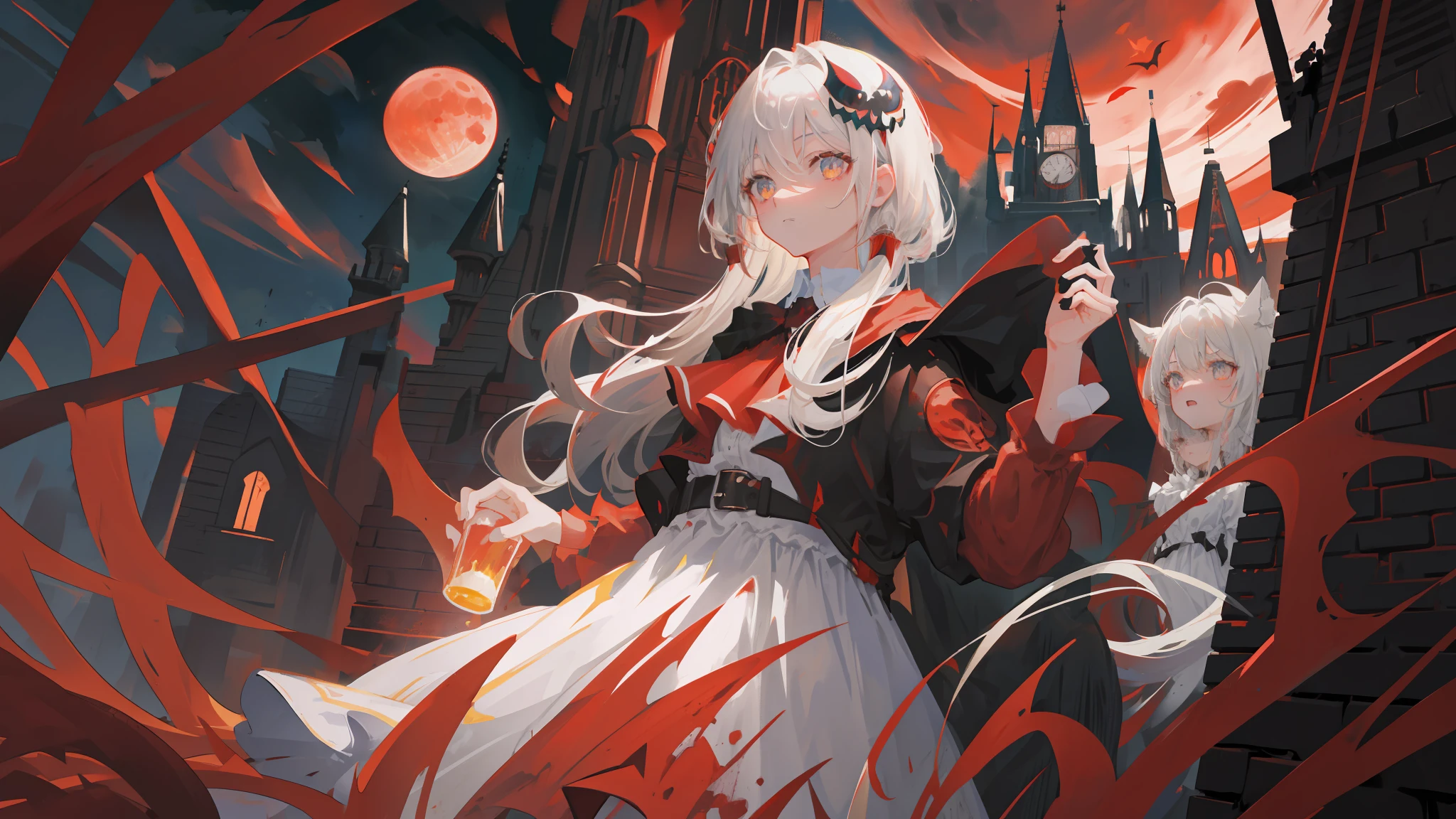 super fine illustration, best quality, highly detailed beautiful face and eyes, look down upon viewer, insanely detailed, a girl, solo, ash gray hair, medium-length bob hair, amber eyes, holding skull, baggy white dress, scattering blood in background, dark background, gothic, dark, dark background, red moon in the night sky, red castle in the background, red tone, dynamic angle