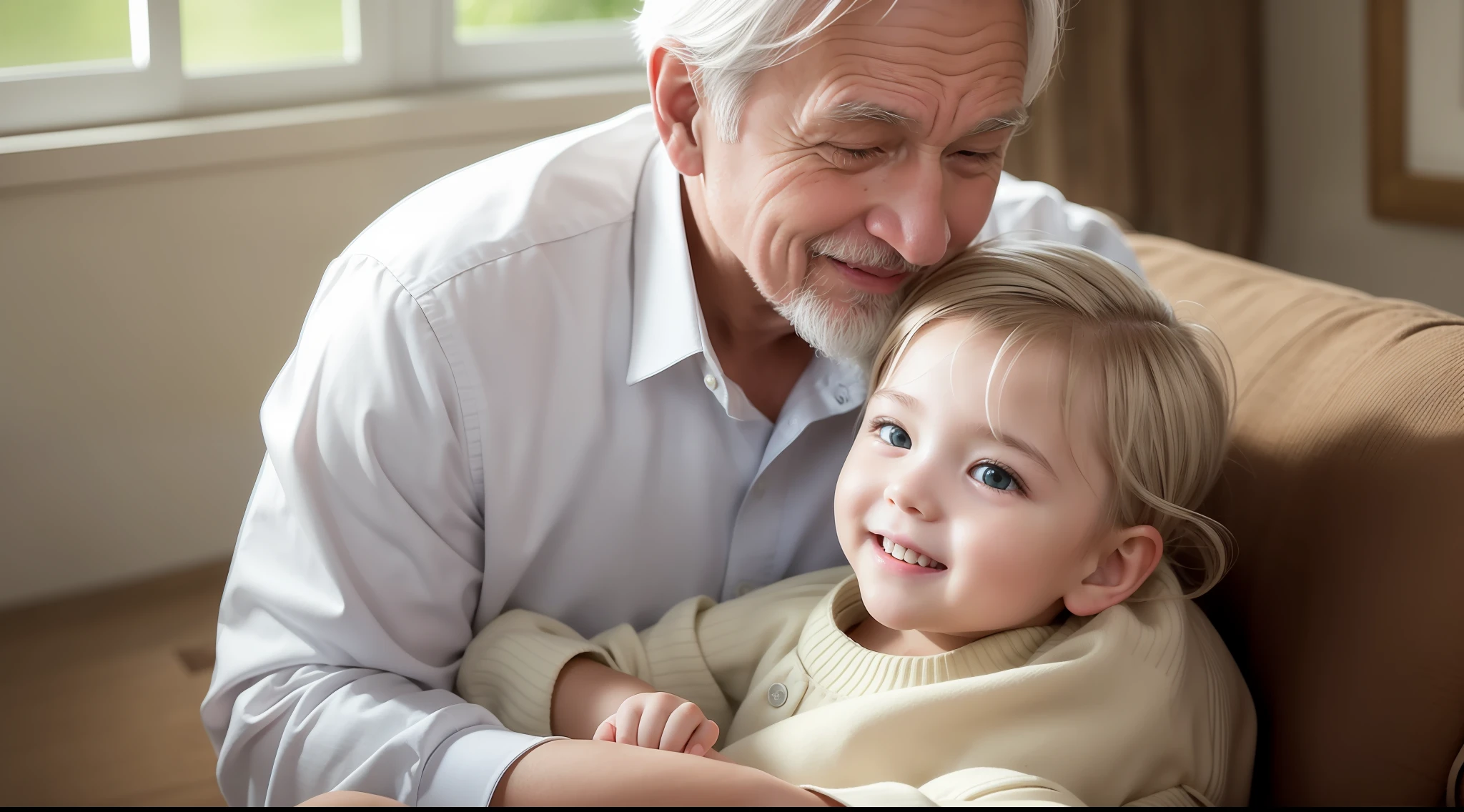 old man, white haired, wrinkled skin, white skin, social clothing, suspender, with  child on hp, with pants and blouse, detailed skin texture, smiling, green-eyed child, wavy broir, living room, sunlight coming in through the window, 8k texture, highly detailed, realistic, soft cinematic light, HDR, focus sharp,  masterpiece, photorealistic, award-winning photography, 35mm,
