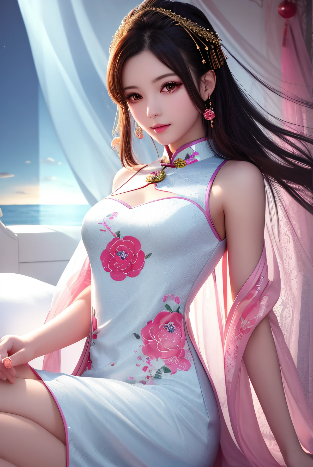 ((masterpiece)),
(((best quality))),
((ultra detailed)),
((illustration)), highres,
1 girl,
tyndall effect,photorealistic, rim lighting, two tone lighting,(high detailed skin:1.2), soft lighting, volumetric lighting, looking at viewer, Photograph,
beautiful detailed face,
black hair, hair ornament,
dark brown eyes,
necklace, jewelry,
lie down,
upon body,
blue dress,china dress,white dress, pink grass,cheongsam,silk dress,small boobs,no smile,anime