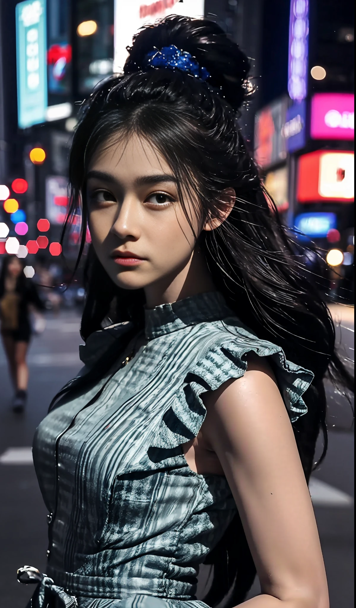 Cinematic lighting, cinematic style, best quality, ball head, (European and American girls: 1.4), 18 years old, double eyelids, 1girl, medium points, flowing hair, delicate hair, real, city, neighborhood, sidewalk, background blur, New York Times Square, night, eyeshadow, American architecture