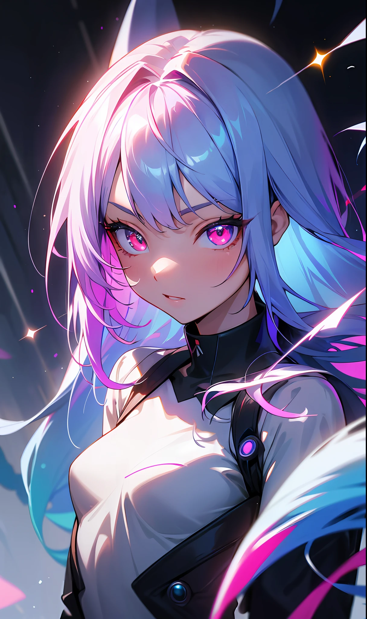 (Fine, Clear Image, Super Resolution, Extremely Amazing Detail, Awesome Detail), Subsurface Scattering, Masterpiece, Best Quality, High Quality, 1girl, Solo, Upper Body, Prism Eye, Prism Hair, Prism, Serious, [Silver|White] + (Blue: -0.3) Hair, Blue + Red Eyes, Gradient Eyes, Multicolored Eyes, Calm, Small Tits, Business Suit, Glowing, Glowing Eyes, Glowing White Particles, Glitter, Bloom, Fantasy, Cave,