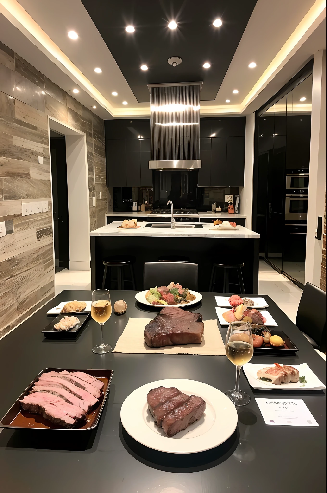 (Top Quality, 4K, Masterpiece: 1.3), Best Quality, Masterpiece, Ultra High Definition, (Photorealistic: 1.4), Very detailed, professional lighting, cooking, meat dishes, steak, meat, wine, black table, living room, dining table, vegetables, beer