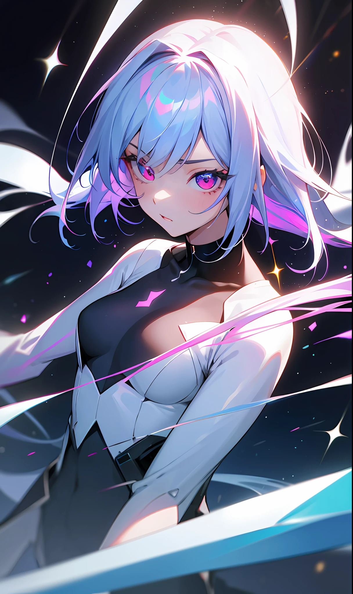 (Fine, Clear Image, Super Resolution, Extremely Amazing Detail, Awesome Detail), Subsurface Scattering, Masterpiece, Best Quality, High Quality, 1girl, Solo, Upper Body, Prism Eye, Prism Hair, Prism, Serious, [Silver|White] + (Blue: -0.3) Hair, Blue + Red Eyes, Gradient Eyes, Multicolored Eyes, Calm, Small Tits, Business Suit, Glowing, Glowing Eyes, Glowing White Particles, Glitter, Bloom, Fantasy, Cave,