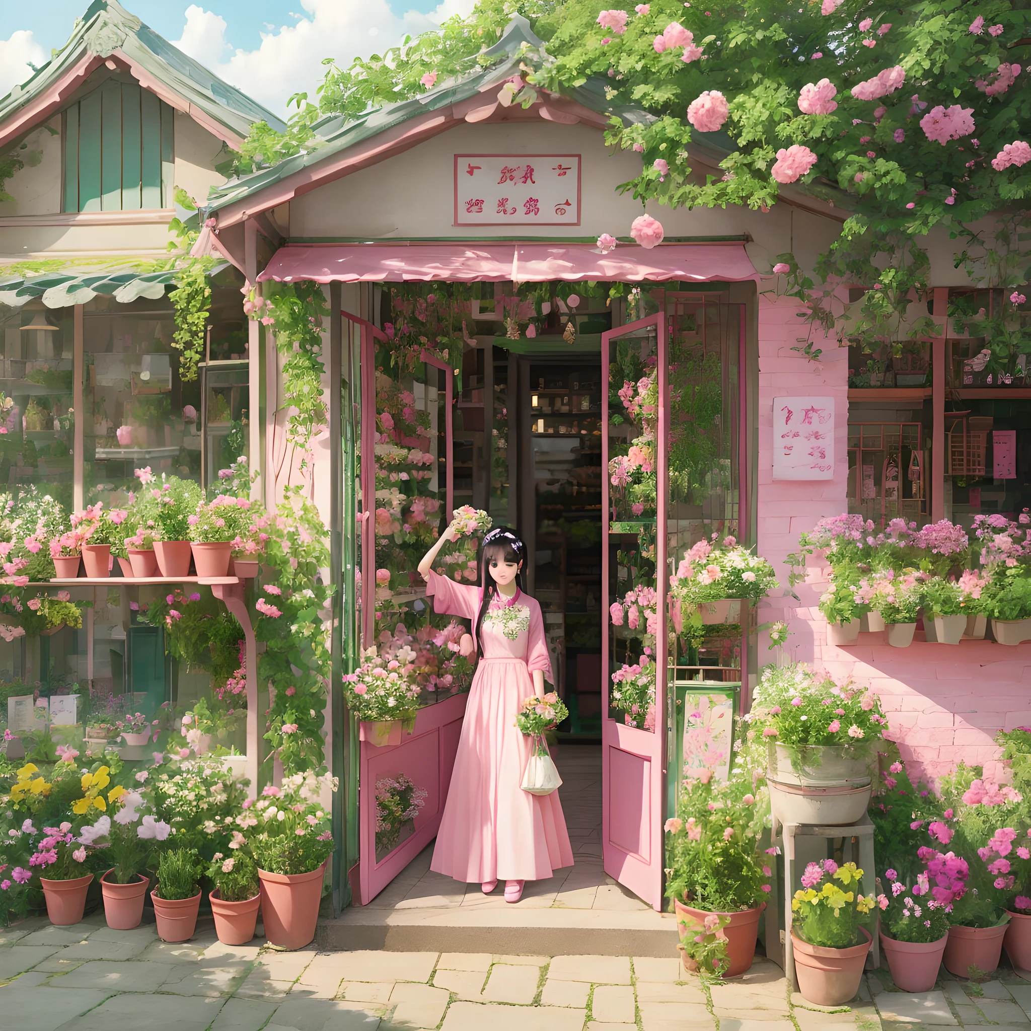 Mingqian milk green flower shop style nature pink --auto --s2