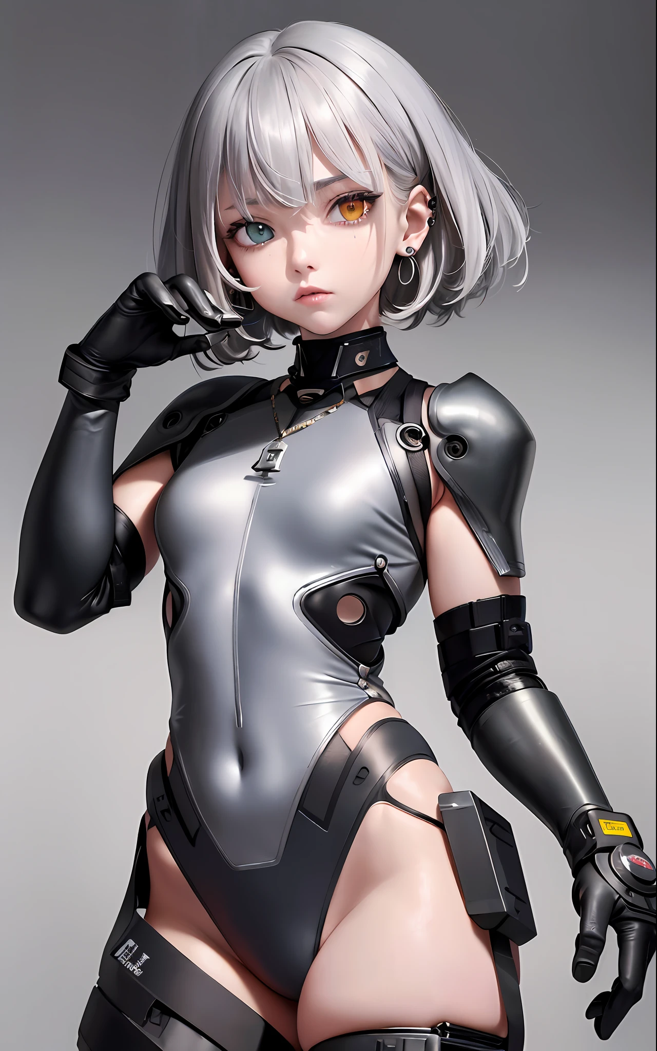 Best, Masterpiece, High Resolution, Best Quality, Ultra HD, Super Detail, Award-Standing, 16k, (Upper Body), Beautiful Girl, Gray Hair, Hair Strands, ((Heterochromia), Hanging Corners, Fair Skin, (Small), (Slim Body), ((Full Cover Military Biochemical Protective Suit)), Stud Earrings, (Neck Rings), (Short Glove as Short as Half the Palm)