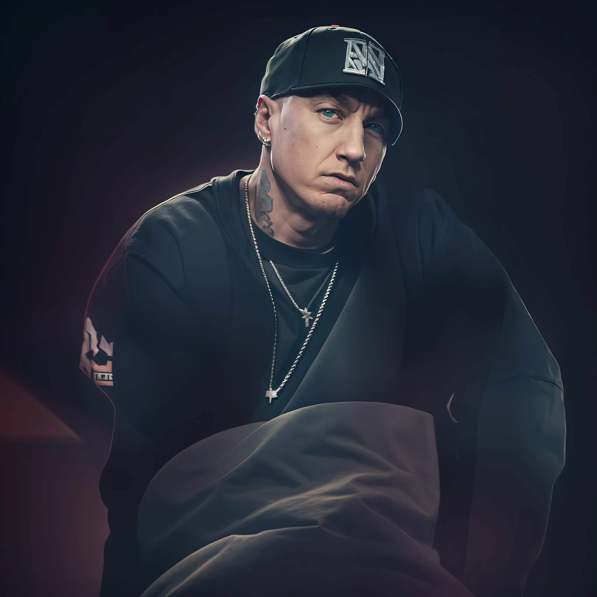 (Eminem rapper:1.2), (Eminem sitting in a chair), (dark background), 8k high-resolution image, he's facing the camera, wearing stylish clothes. --auto --s2