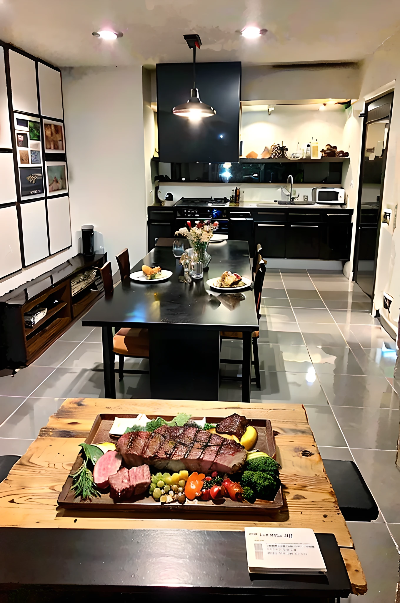 (Top Quality, 4K, Masterpiece: 1.3), Best Quality, Masterpiece, Ultra High Definition, (Photorealistic: 1.4), Very detailed, professional lighting, cooking, meat dishes, steak, meat, wine, black table, living room, dining table, vegetables, beer
