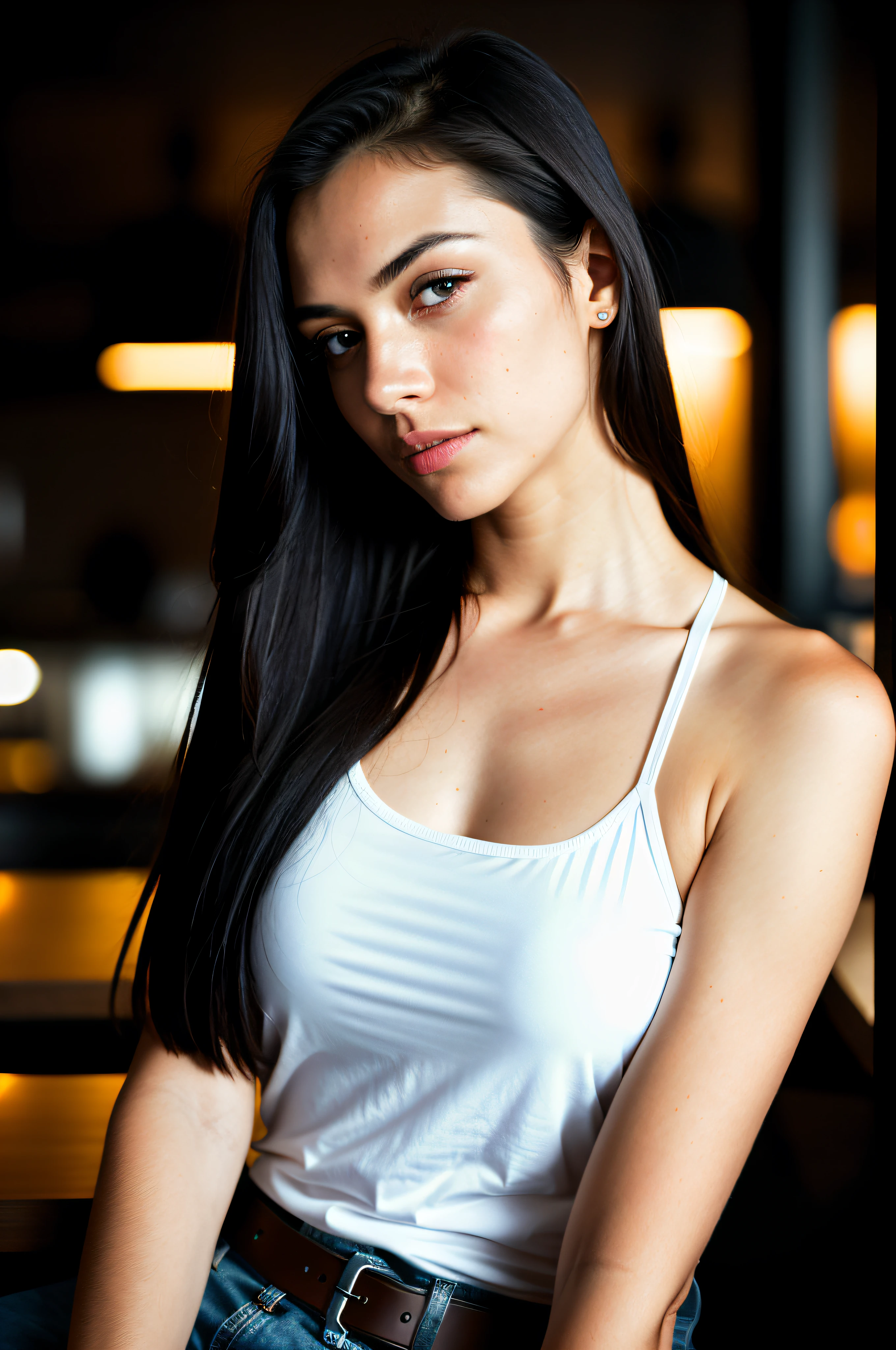 Beautiful woman, long straight black hair, wearing a white t-shirt without print, wearing leather belt, front view (sitting inside a modern restaurant at night), very detailed, 30 years, natural wave hair, blue eyes, high-res, masterpiece, best quality, intricate details, highly detailed, sharp focus, detailed skin, black skin, realistic skin texture, texture, detailed eyes, professional, 4k, Canon shooting, 85mm, shallow depth of field, Kodak color vision, perfect fit body, extremely detailed, photo_\(ultra\), photo realistic, realistic, post-processing, maximum detail, roughness, real life, ultra realistic, photorealism, photography, 8k uhd, photography (grain of film) medium shot for closeup shot atmospheric dark lighting
