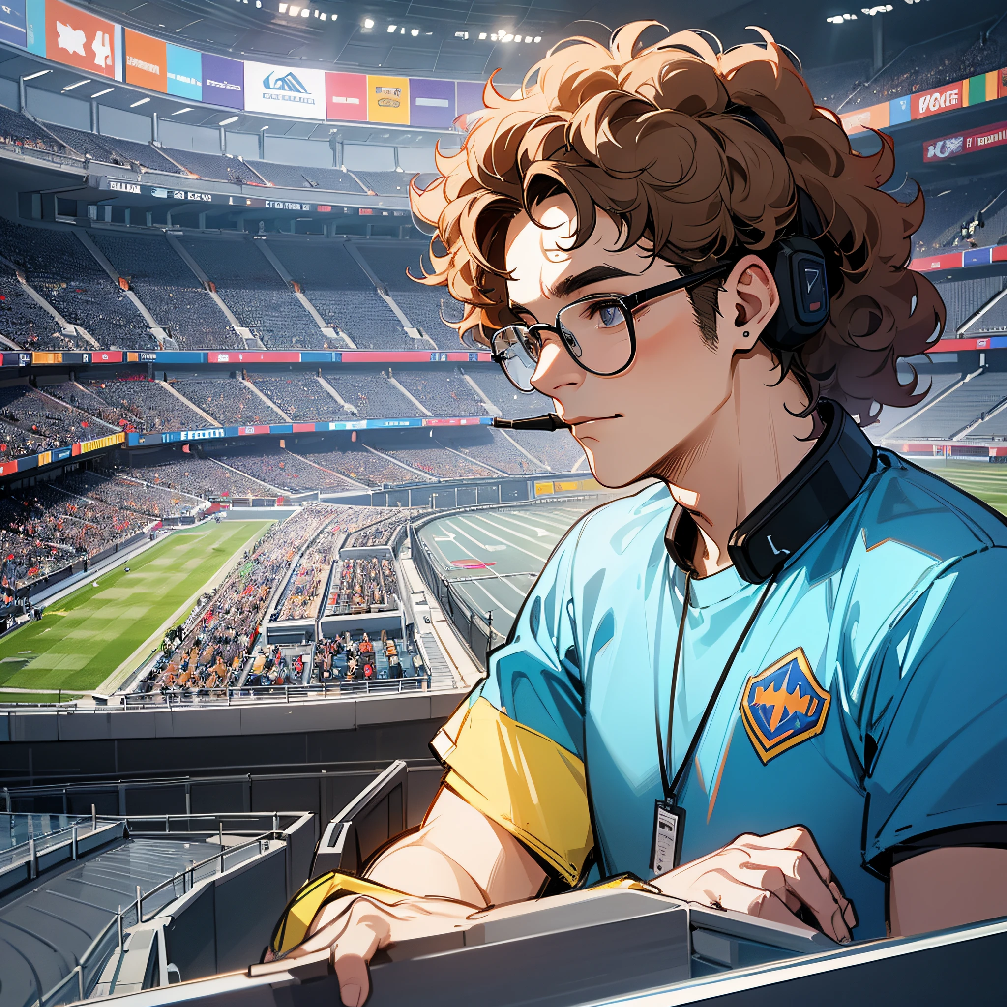 A middle-aged nerdy man with curly hair wearing a headset and playing professionally in an esports championship in a large stadium as a backdrop, using the Isometric Anime art style --auto --s2