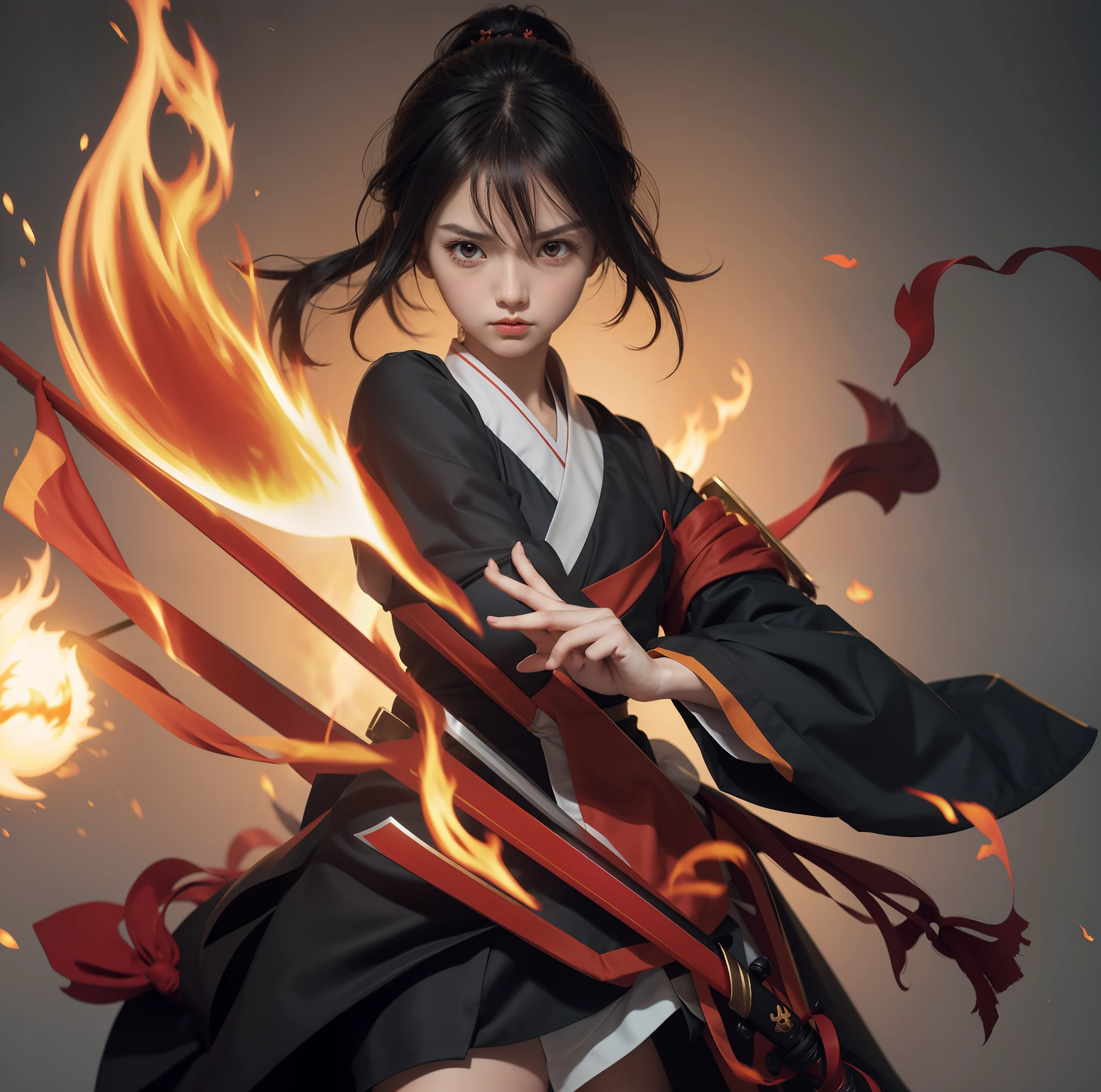 Anime girl with sword and flame in her hand, burning katana, inspired by Masanobu Okumura, Demon Slayer Rui doujin Art, Brunette Mage, Mai Yoneyama, Tanjiro Kamado, Fire!! Full body, holding a flame sword, Yuyushiki, official character art, wielding a flame sword, official art frown eyebrows, nervous, seriousfrown eyebrows, nervous, serious, Teether