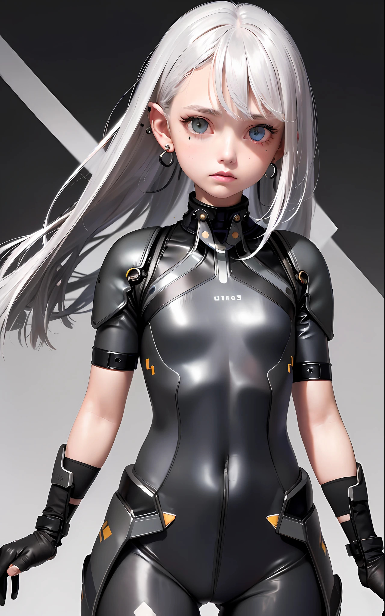 Best, Masterpiece, High Resolution, Best Quality, Ultra HD, Super Detail, Award-Standing, 16k, (Upper Body), Beautiful Girl, Gray Hair, Hair Strands, ((Heterochromia), Hanging Corners, Fair Skin, (Small), (Slim Body), ((Full Cover Military Biochemical Protective Suit)), Stud Earrings, (Neck Rings), (Short Glove as Short as Half the Palm)