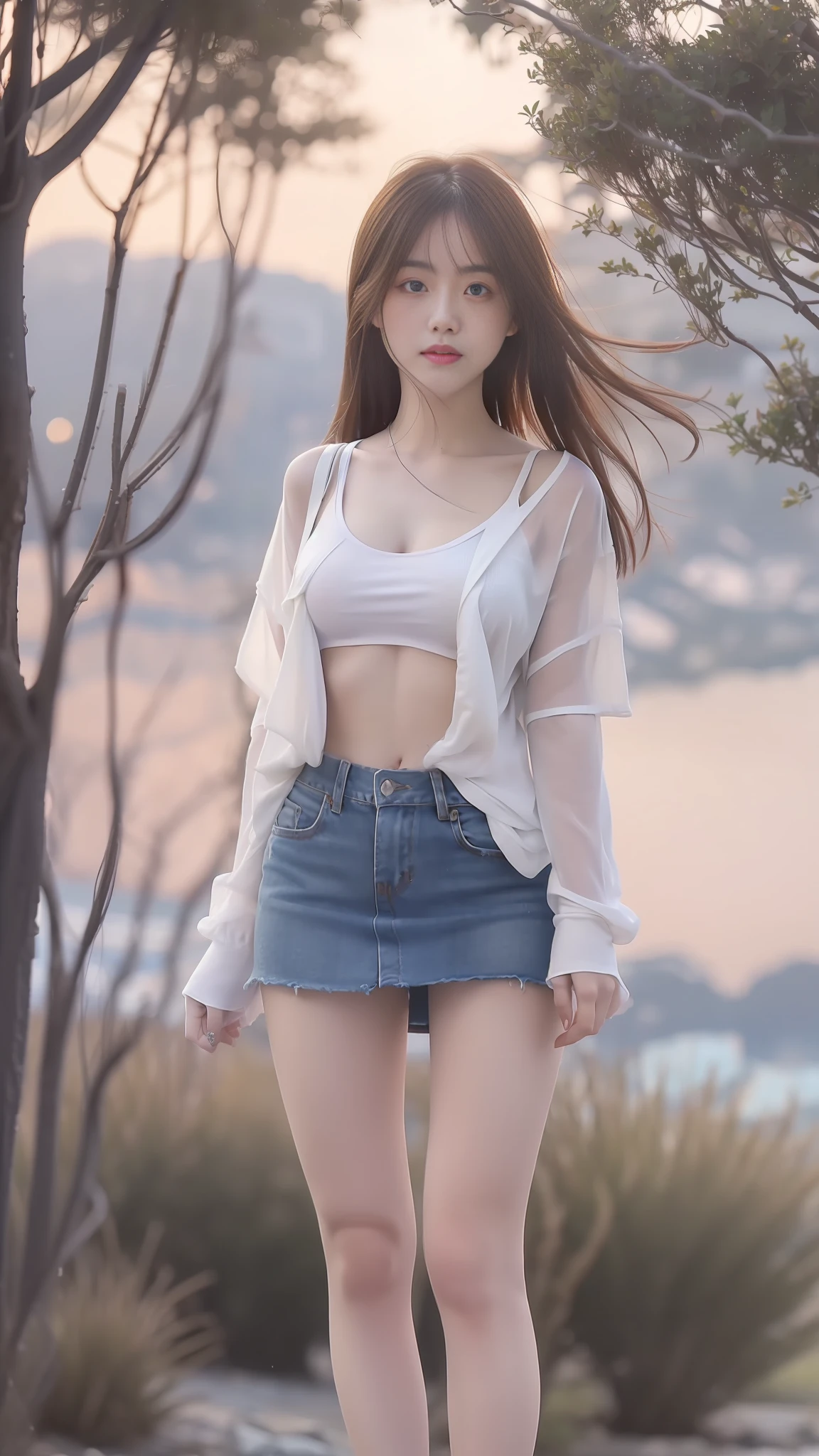 ((Dark Light, Top Quality, 8K, Masterpiece: 1.3)), (Focus: 1.2), 1 Girl, (Mountain Top, Sea of Clouds, Big Tree: 1.5), (Beauty with Elongated Abs: 1.4), ((Layered Hairstyle, Small Tits: 1.4)), (Through White Open Shirt: 1.6), {No Bra: 1.5}, (Denim Short Skirt: 1.4), Highly Detailed Face and Skin Texture, Fine Eyes, Double Eyelids, Whitening Skin, (Full body: 1.5),