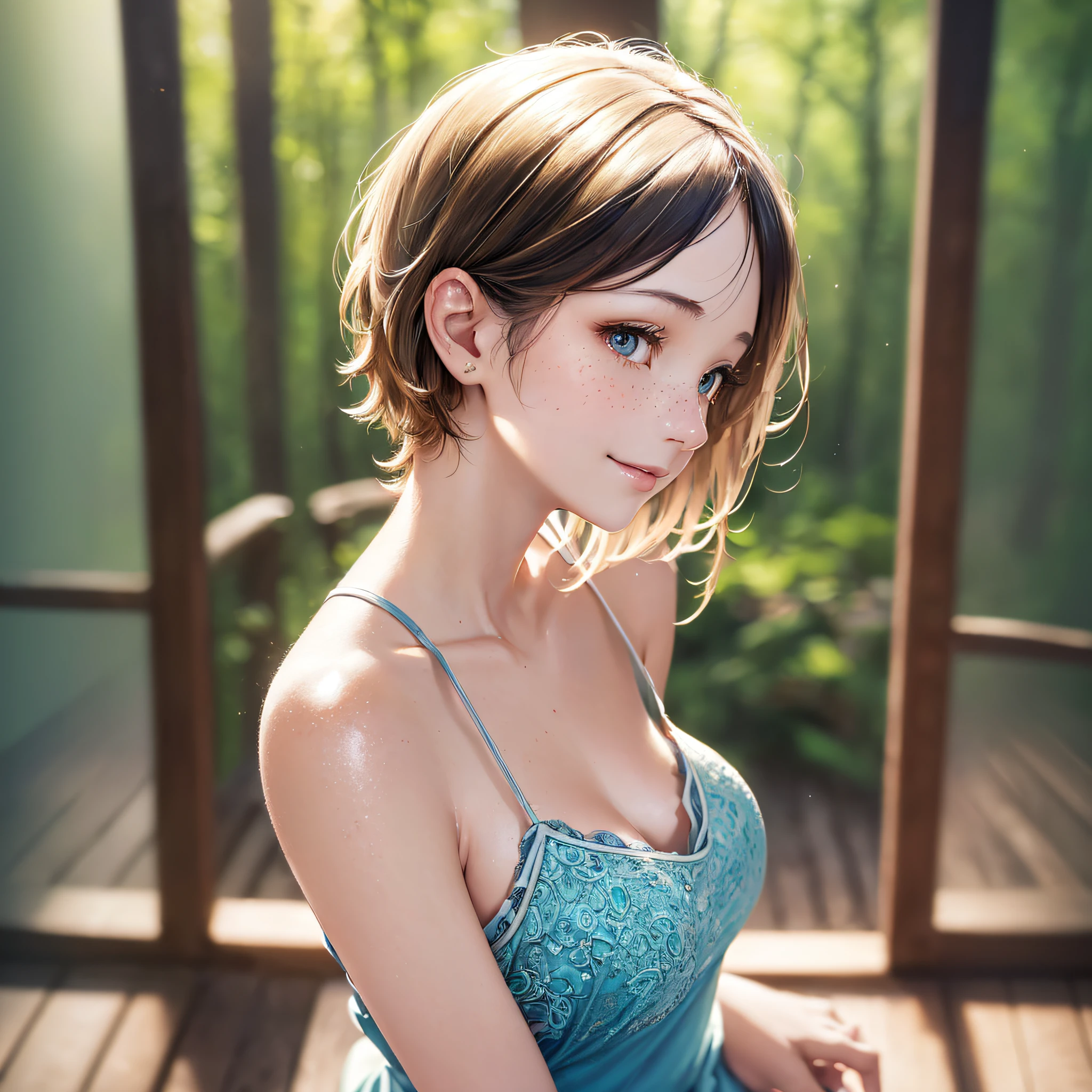 David Hamilton style, Japan woman, 30 years old, sunny, forest, camisole, full body, barefoot, medium and tall, very short hair, smile, pale bow eye, lips thin, lips also pale, eyes small, eyes frontal, profile, black hair, less freckles, contrast shallow ((((very beautiful portrait)), (glowing skin)), RAW photography, (masterpiece, top quality, hyper detail, cinema lighting, intricate detail, high resolution, 8K, highly detailed), detailed background, 8K UHD, DSLR, soft lighting, high quality, film grain, ORIMPUS OMD, shallow depth of field, natural light, --auto --s2