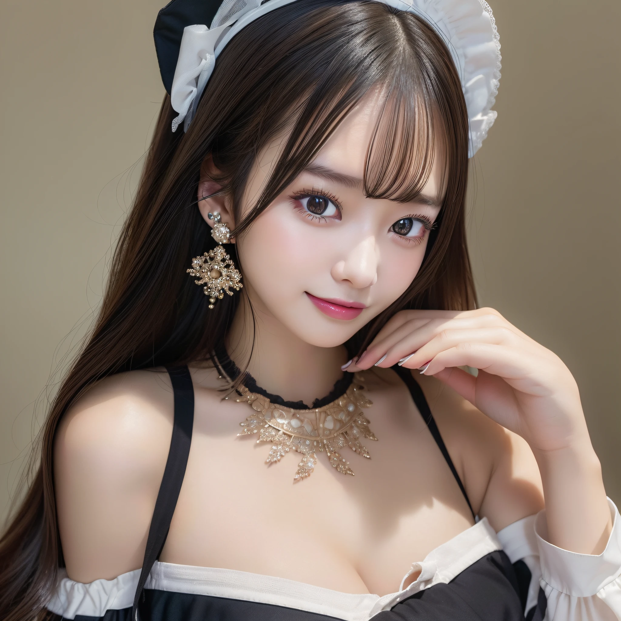 Top Quality, Ultra High Resolution, (Photorealistic: 1.4), Close Up, 1 Girl, (ulzzang-6500:1.0), (Complex Maid Outfit: 1.0), Black Hair, Complex Earrings, Nude, Smile, Upper Body, Accentuate Chest, No Hair Ornaments