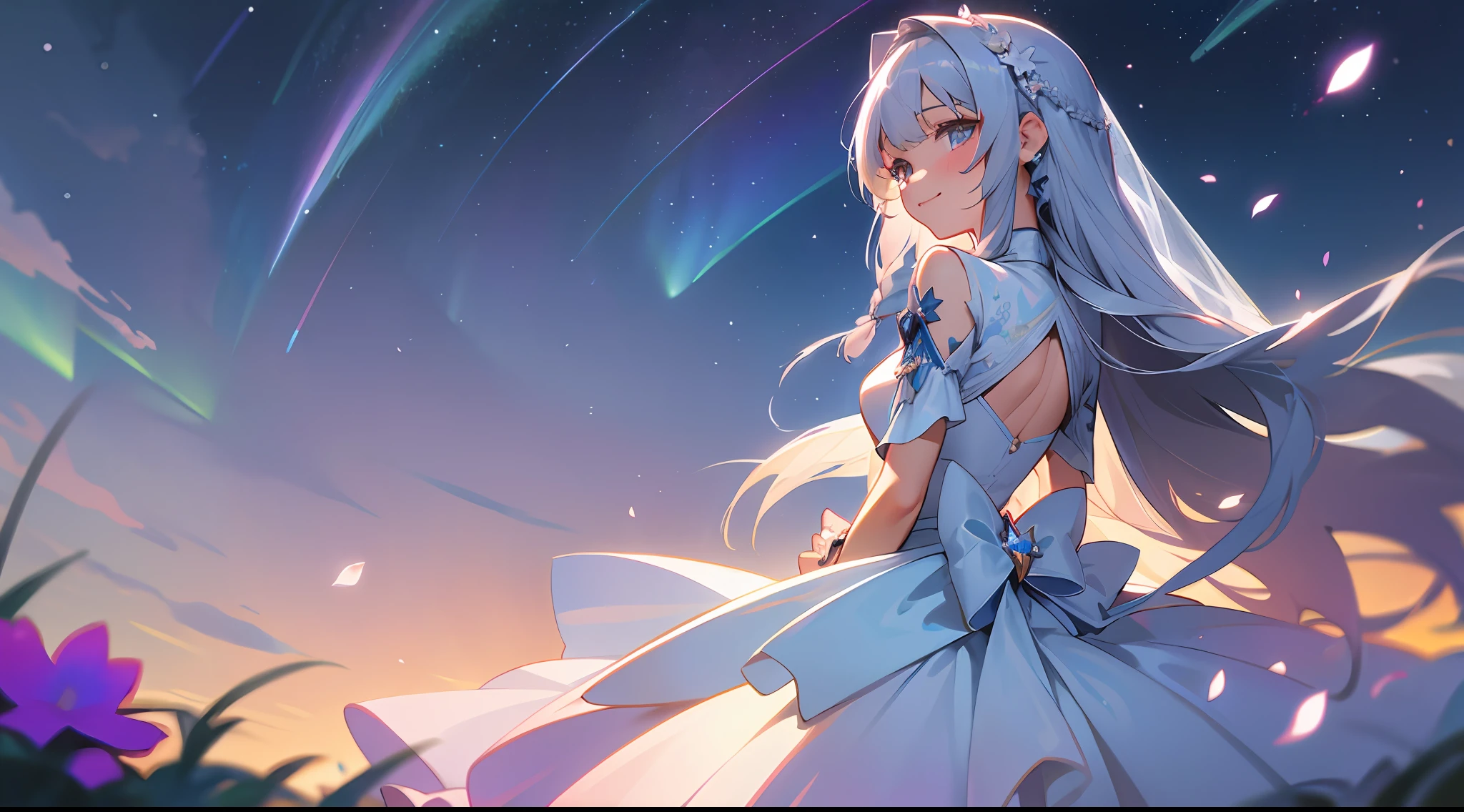 cowboy shot, upper body, panorama, far view, wide angle lens, depth of field, perspective, movie angle, arms behind back, masterpiece, best quality, super detailed, CG, 8K wallpaper, delicate face and eyes, eyes with beautiful details, a girl, solo, smile, silver hair, long hair, braids, wedding dress, night, starry sky, shooting star, aurora, colorful clouds, sea of flowers, petals, sideways, from the side, look back, look at the camera