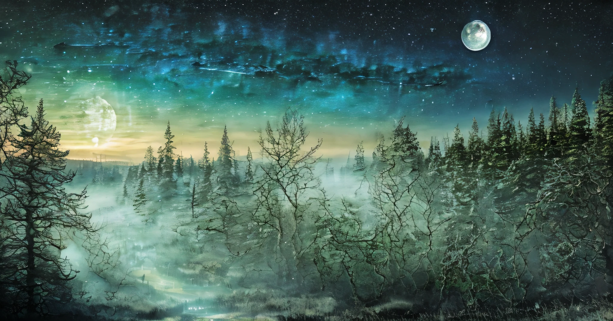 ((Best Quality)), ((Masterpiece)), (Real)), ((Beautiful Green Moon)), Celestial Body Struck, Comet Impact, Moon Split in Half, Surrounded by Debris, Fragmented Aurora Dance, Spring Night, Alien Observer, Sleek Spacesuit, Twinkling Stars, Mist in the Forest Below, At Eye Level, Scenic, Masterpiece