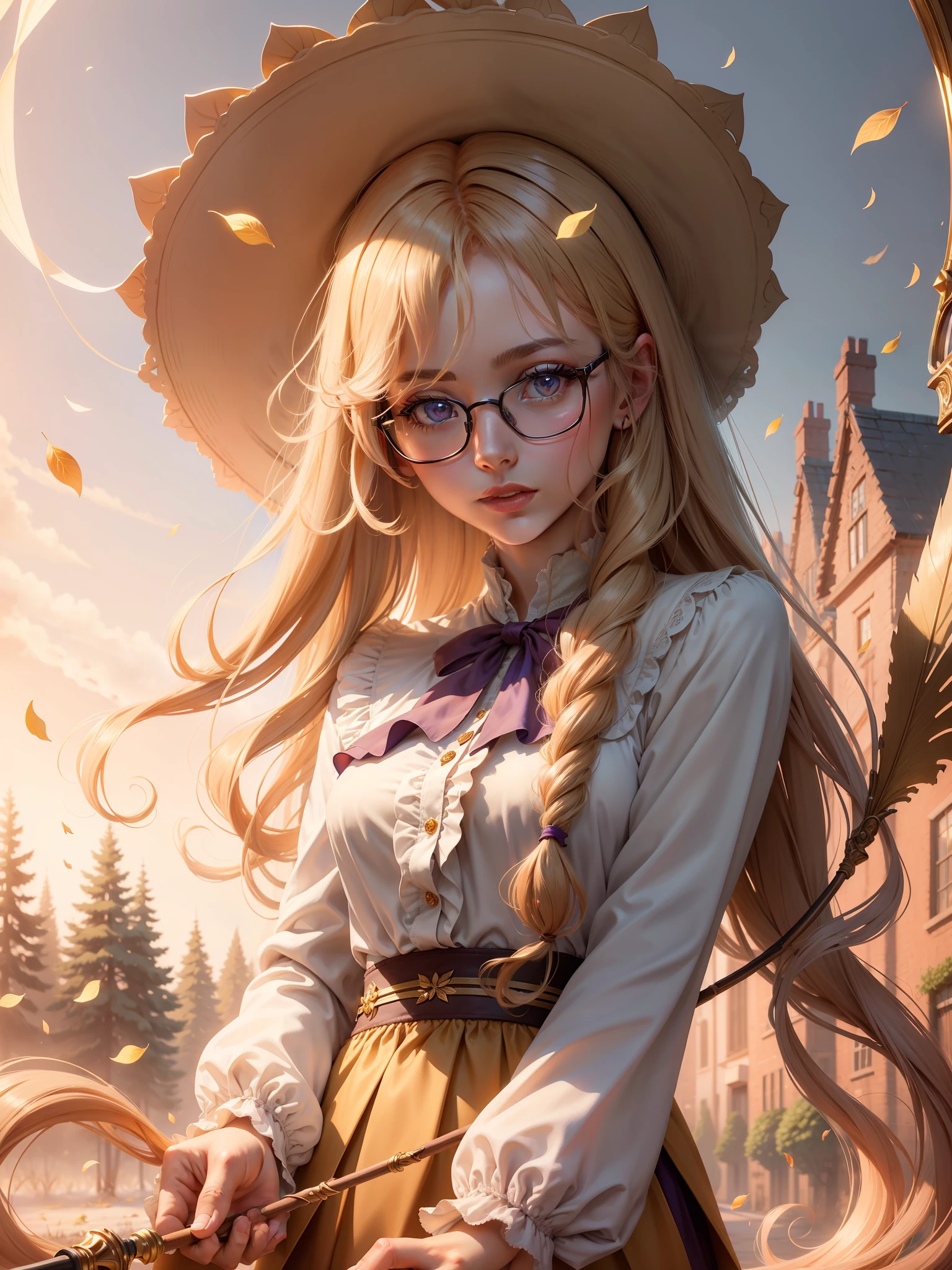 Masterpiece, best quality, (very detailed CG Unity 8k wallpaper) (best quality), (best illustration), (best shadow) delicate leaves of nature petals of various colors falling in the air Light tracking, super detailed, long colored hair, golden eyes, blouse, golden round frame glasses, natural hands, purple gemstone eyes, straight staff in right hand, only one staff, deep purple eyes, perfect hands --v6
