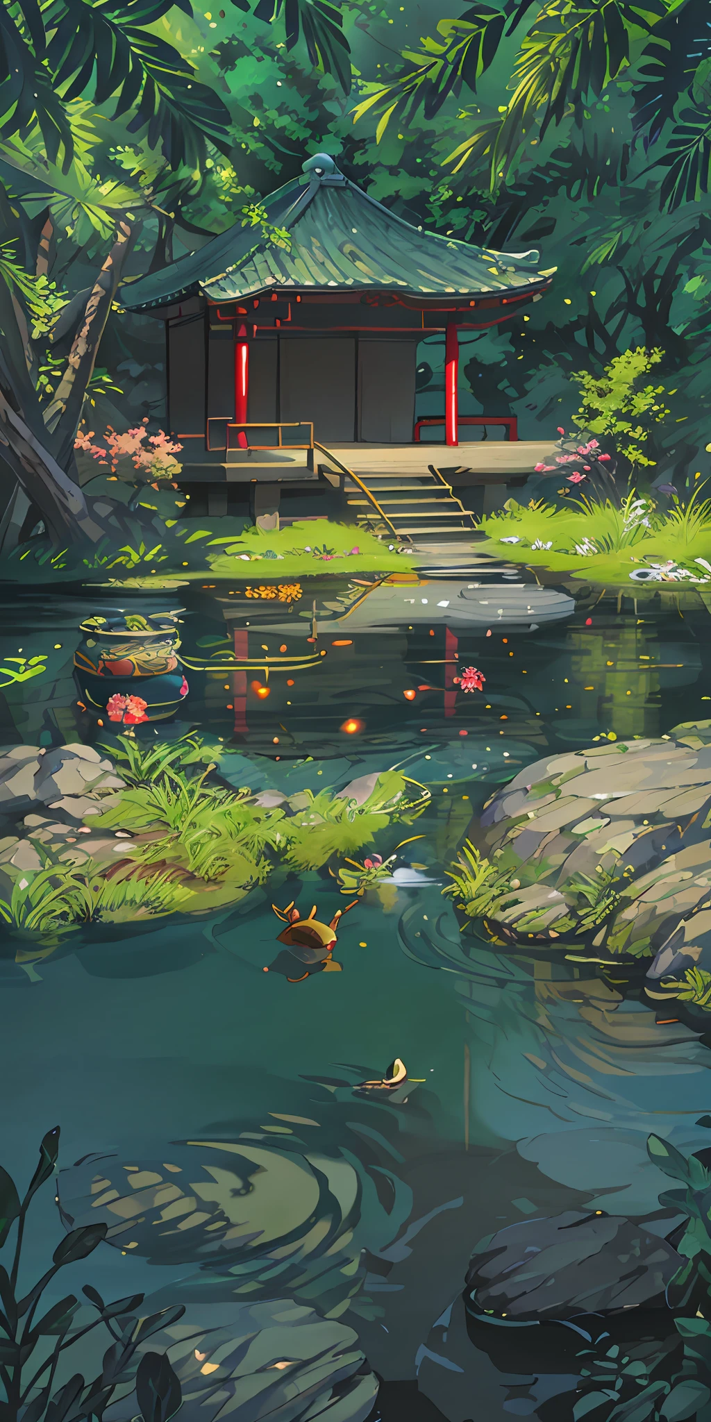 Chinese ancient times, spring, jungle, lake, cave, waterfall, tree, meadow, rock, deer, hot spring, water vapor, (illustration: 1.0), epic composition, realistic lighting, HD details, masterpiece, best quality, (very detailed CG unified 8k wallpaper)