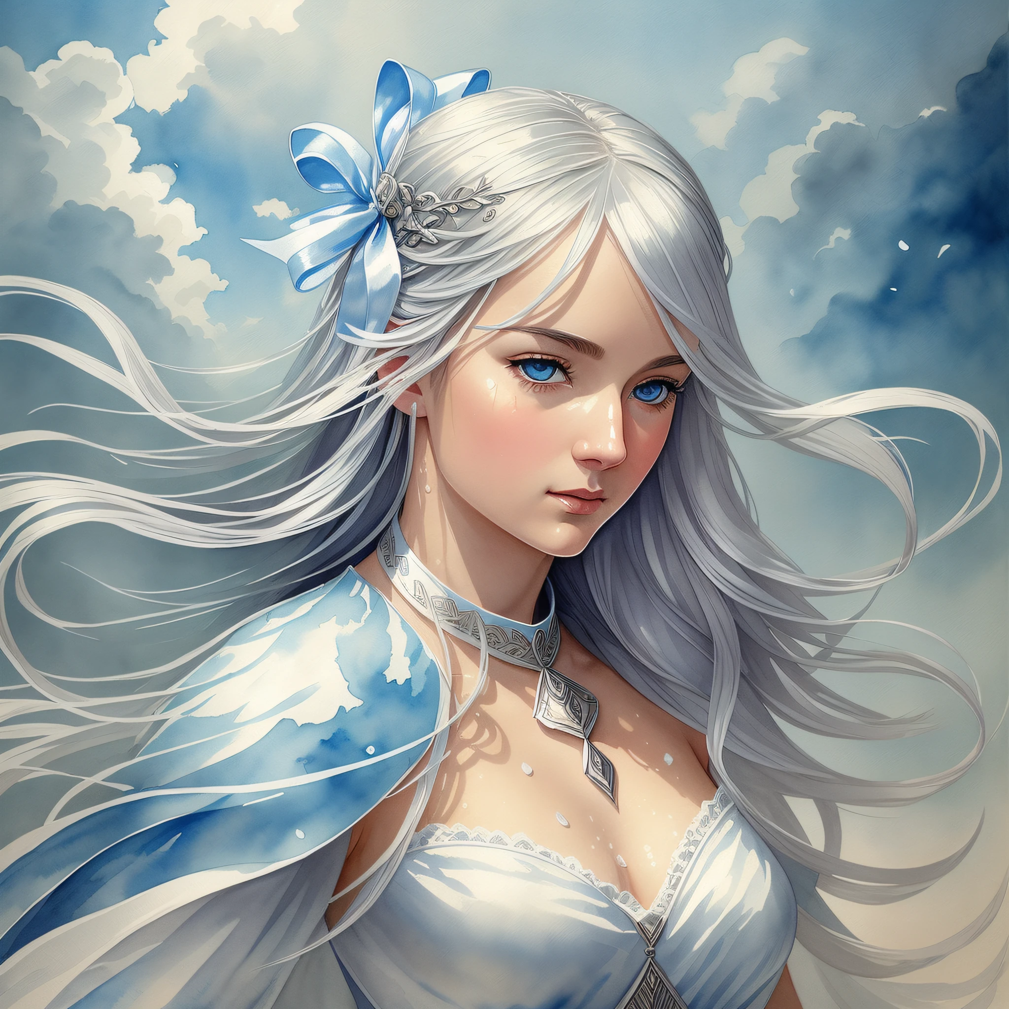 "Masterpiece in the war scenario: best quality, beautiful and delicate illustration, dynamic pose and interesting angle in a floating scene. The girl with silver hair, blue eyes, wearing white warrior clothing and ribbon around her neck, around her many drops of water in twilight scenes with clouds, in a watercolor style." --auto --s2