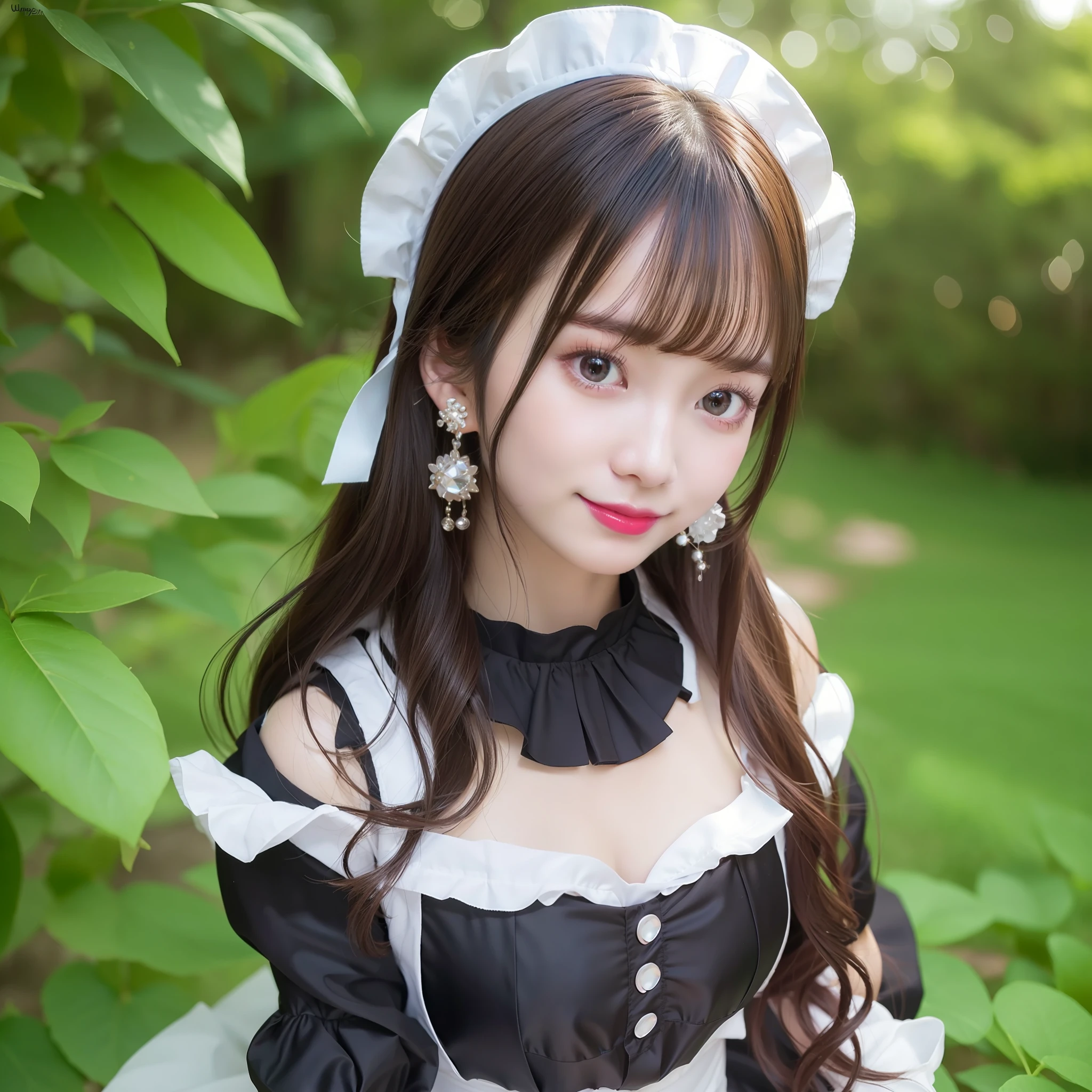 Top Quality, Ultra High Resolution, (Photorealistic: 1.4), Close Up, 1 Girl, (ulzzang-6500:1.0), (Complex Maid Outfit: 1.0), Black Hair, Complex Earrings, Nude, Smile, Upper Body, Accentuate Chest, No Hair Ornaments