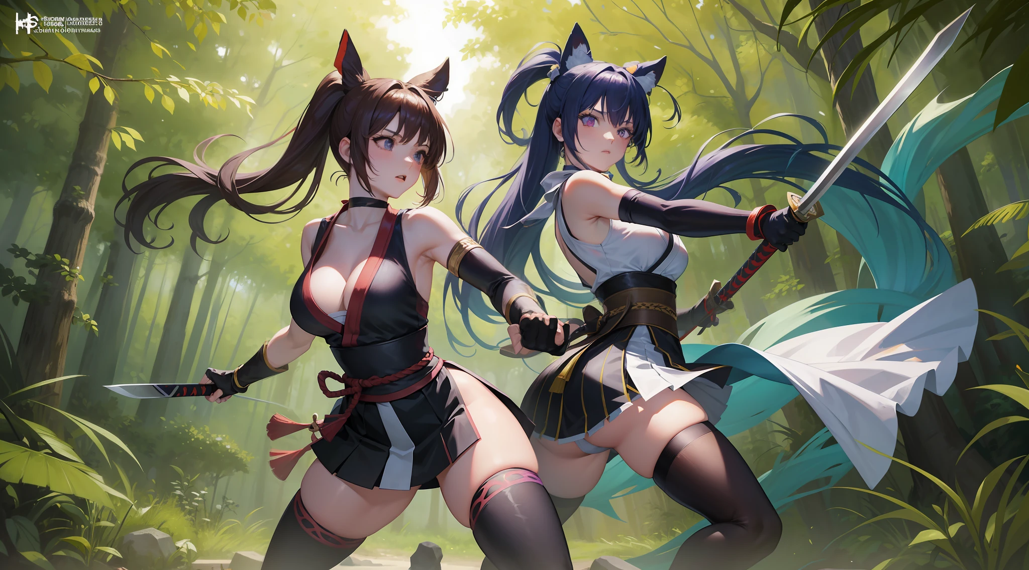 Full body shot of character from Dead or Alive game. Kasumi versus Ayane, same size, engaged in a duel with short swords, showcasing their impressive swordplay and deadly precision. Their long loose hairstyles flow behind them as they battle in a stunning and lush forest setting. Both warriors are dressed in sleeveless kimonos and skirt, adorned with an obi tied to back hip, and accessorized with black thin elbow gloves, 100% black thigh high socks, and small black boots.