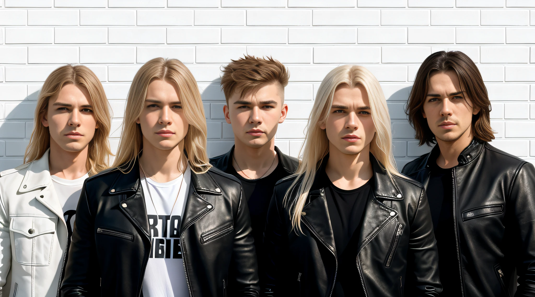 a group of Russian child boys, in leather jacket and black clothing, with long blonde hair, close up, standing in front of a wall of white tiles, white wall, basic white background, white wall background, wall, white background background, brick wall background, made of all white ceramic tiles,  cement brick wall background, brick wall, white stone wall background, brick, wall, minimalist background, simple white background, plain white background, pink floyd