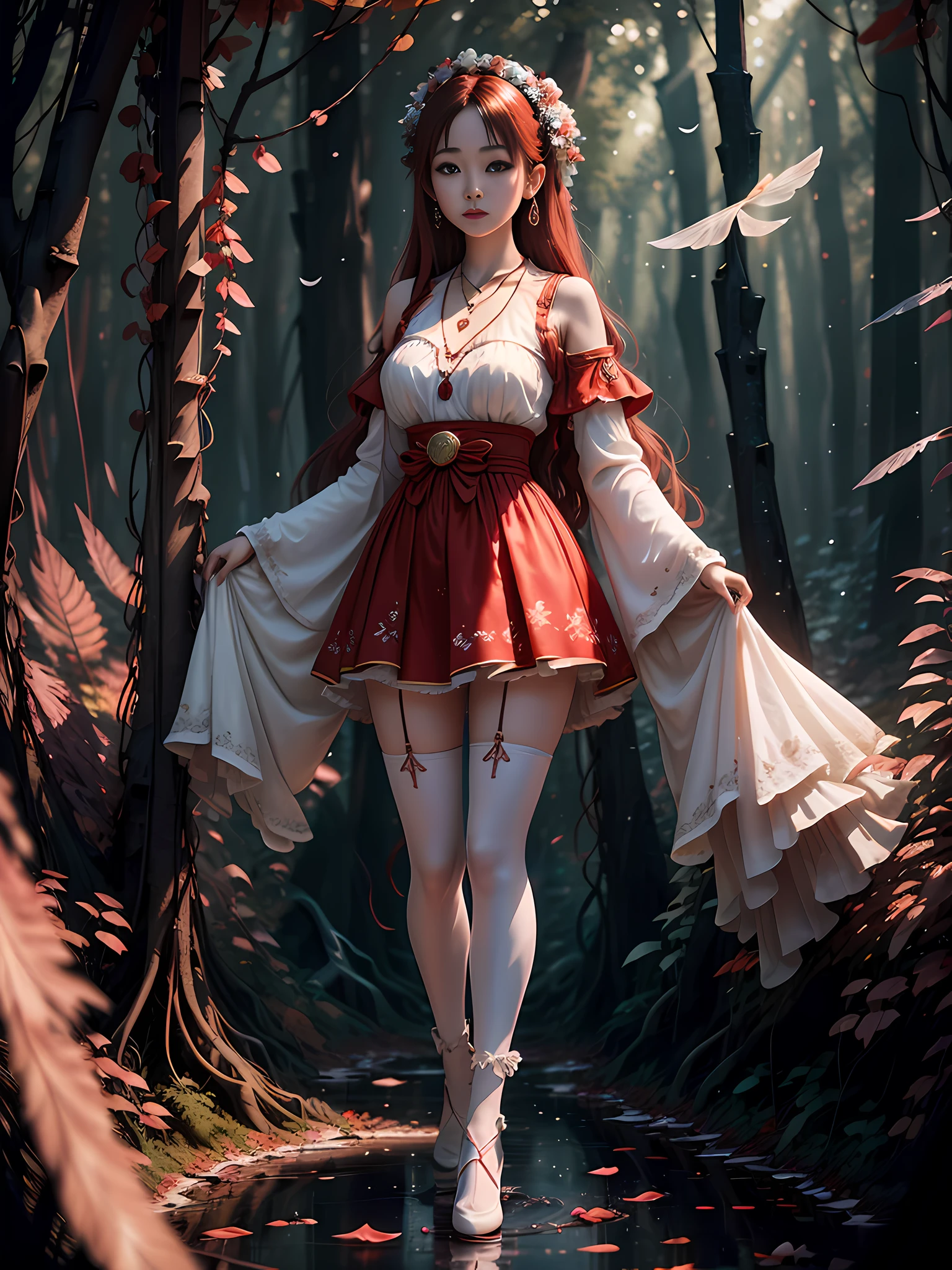 (best quality, masterpiece, high resolution, glow, flood, lens glare, wide angle), sunlight, full body, 1 [Chinese|Russian|Japanese|Korean] girl, ((Mei red:1.1) clothes), necklace, jewelry, long hair, earrings, super delicate face, beautiful face, full face blush, perfect eyes (very long eyelashes: 1.4), glowing pupils, (white stockings: 0.9), realism, (high detail skin: 1.2), 8k ultra hd, DSLR, high quality, volumetric lighting, frankness, high resolution, 4K, 8K, background bokeh, dream forest, feather drop effect, morning, foreground